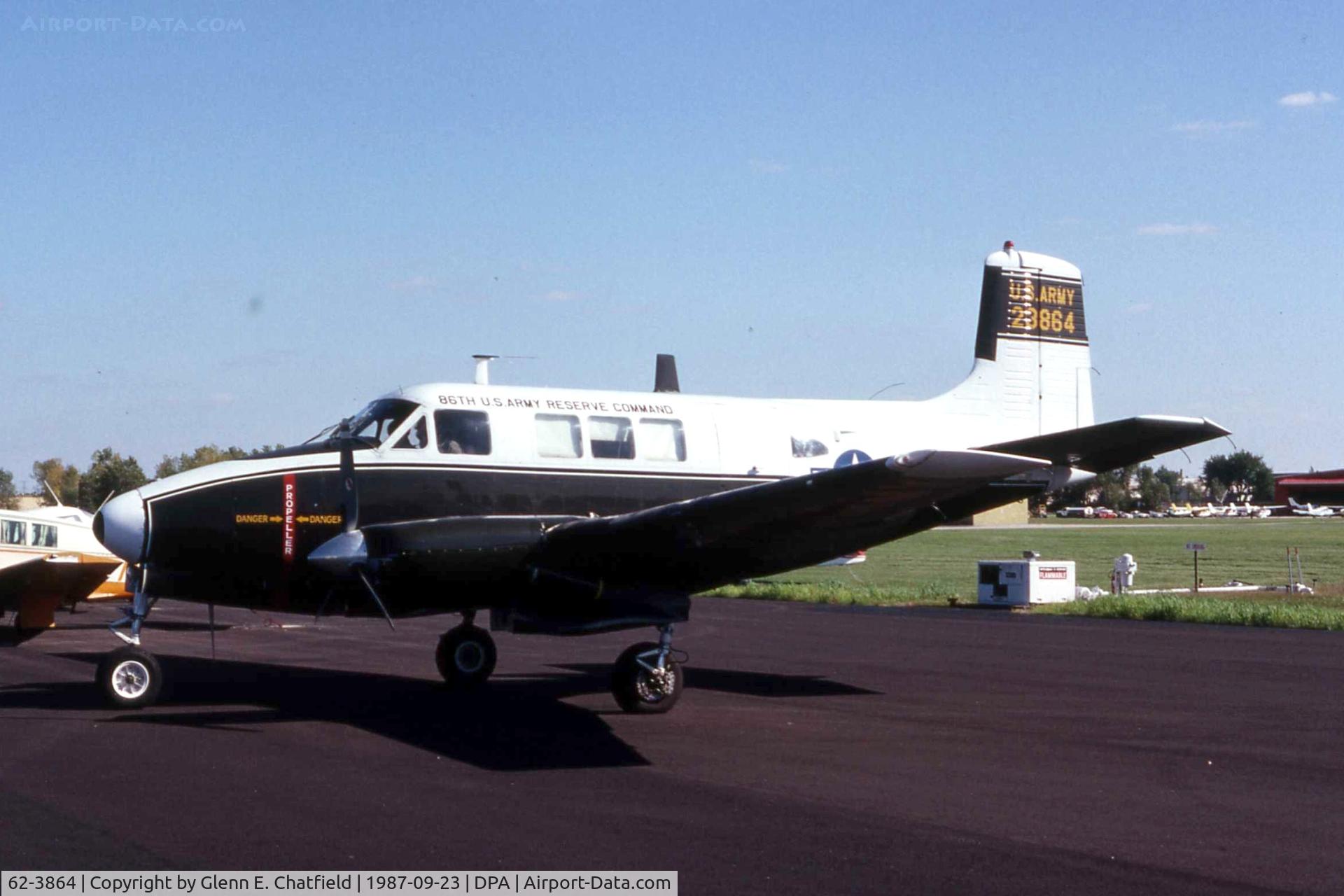 62-3864, 1962 Beech U-8F Seminole C/N LF.62, U-8F 62-3864 when still active Army.  Sold to Venezuela.  Notice new engines