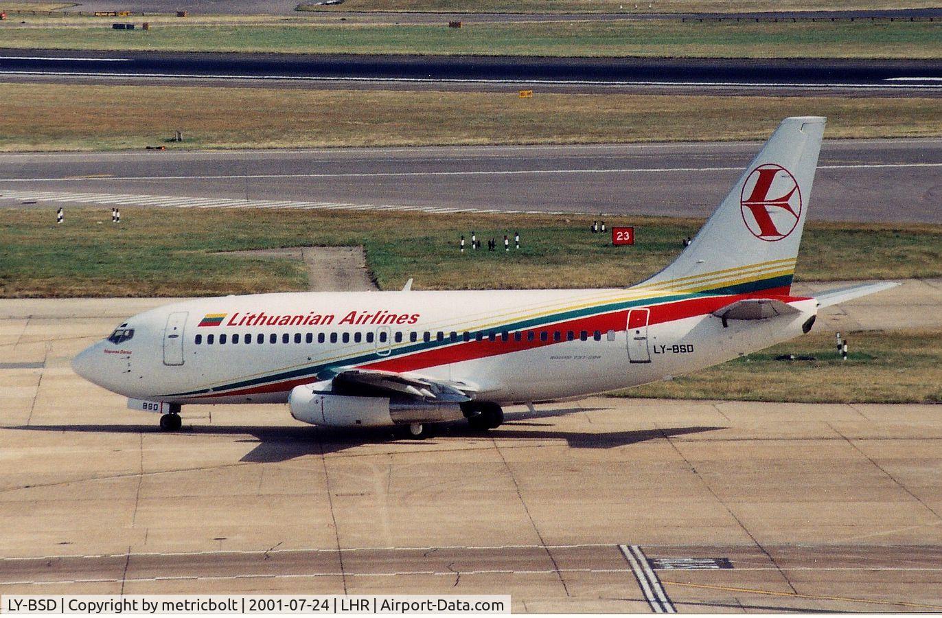 LY-BSD, 1982 Boeing 737-2T4 C/N 22701, At LHR,Jul.2001