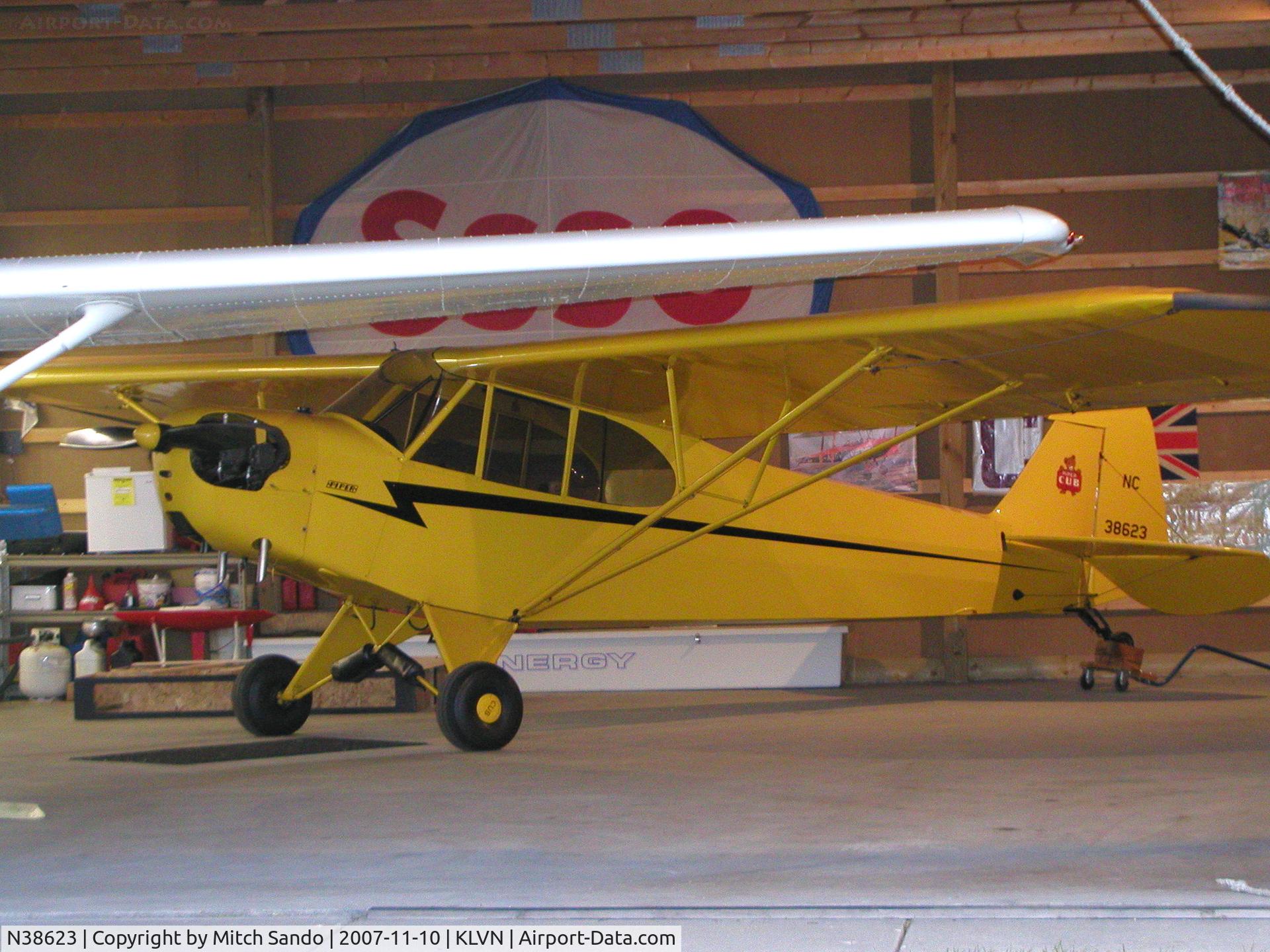 N38623, 1941 Piper J3C-65 Cub C/N 7164, Parked inside the hangar.