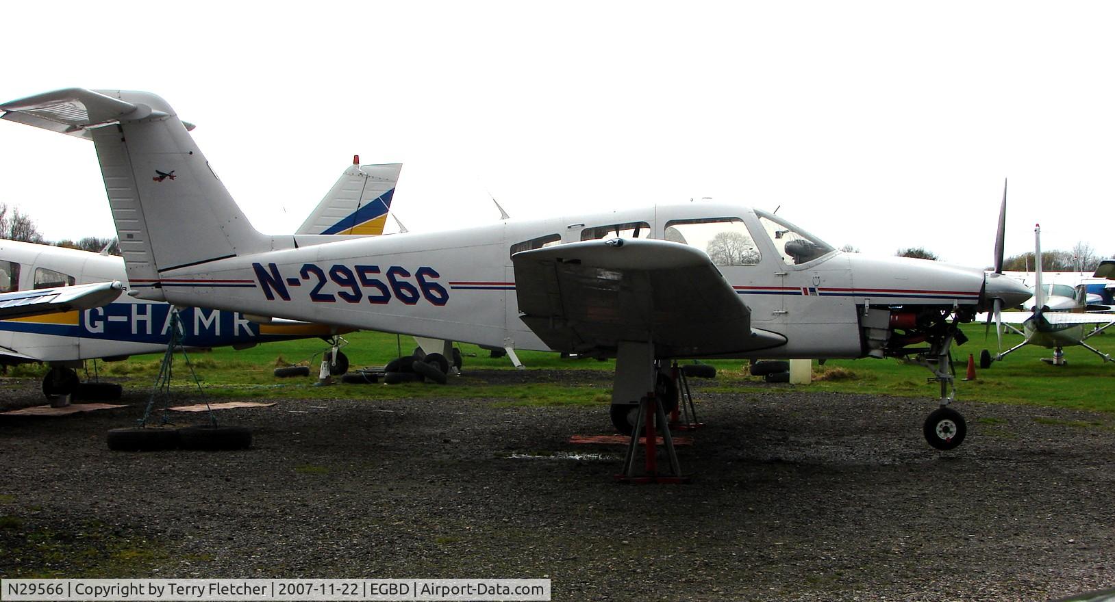 N29566, 1979 Piper PA-28RT-201 Arrow IV C/N 28R-7918146, Up on the stands undegoing maintence at Derby Eggington