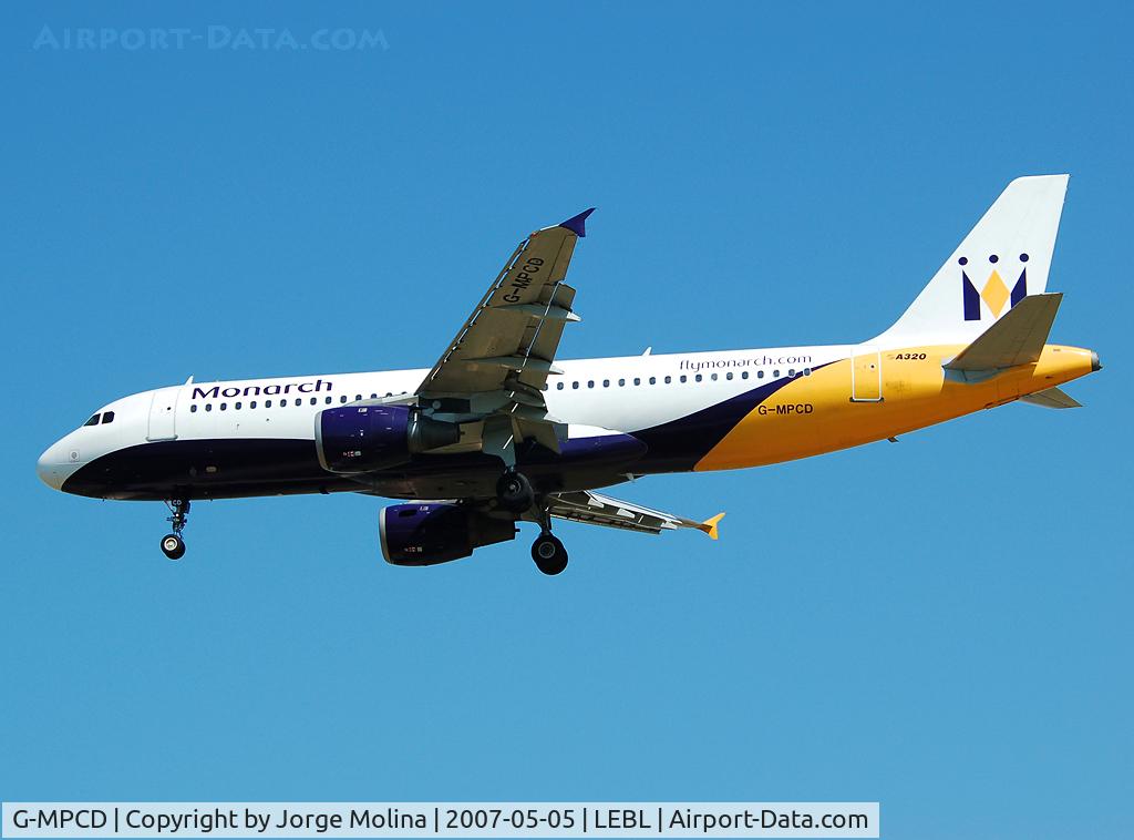 G-MPCD, 1994 Airbus A320-212 C/N 379, Monarch on final RWY 25R.