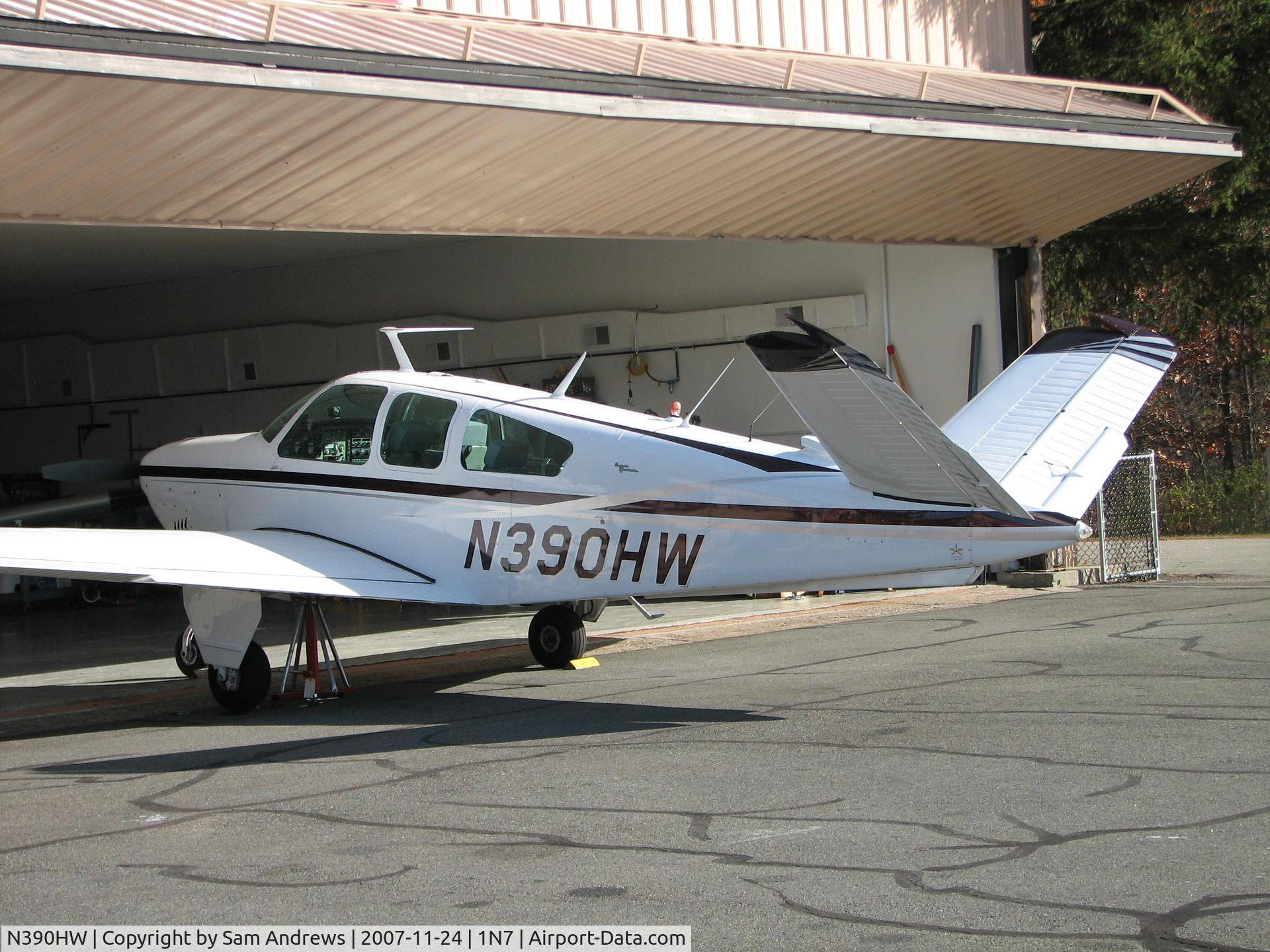 N390HW, 1967 Beech V35A Bonanza C/N D-8608, Nosed into the hangar at Blairstown