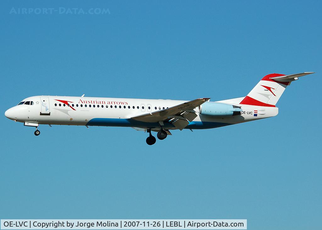 OE-LVC, 1993 Fokker 100 (F-28-0100) C/N 11446, On final RWY 25 with sticker 