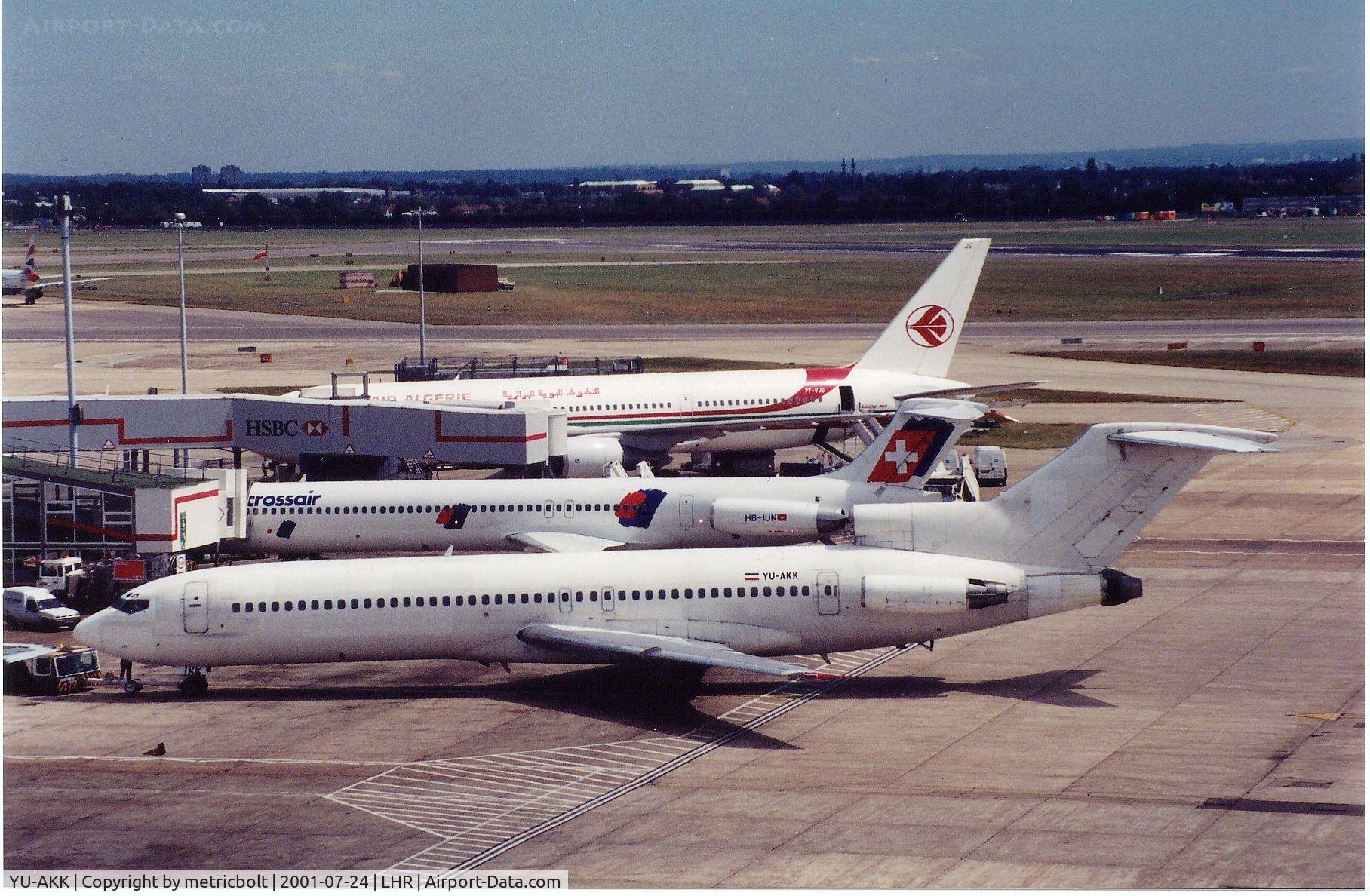 YU-AKK, 1981 Boeing 727-2H9 C/N 22665, JAT(Jugoslovenski Aerotransport)in basic white livery.London Heathrow.