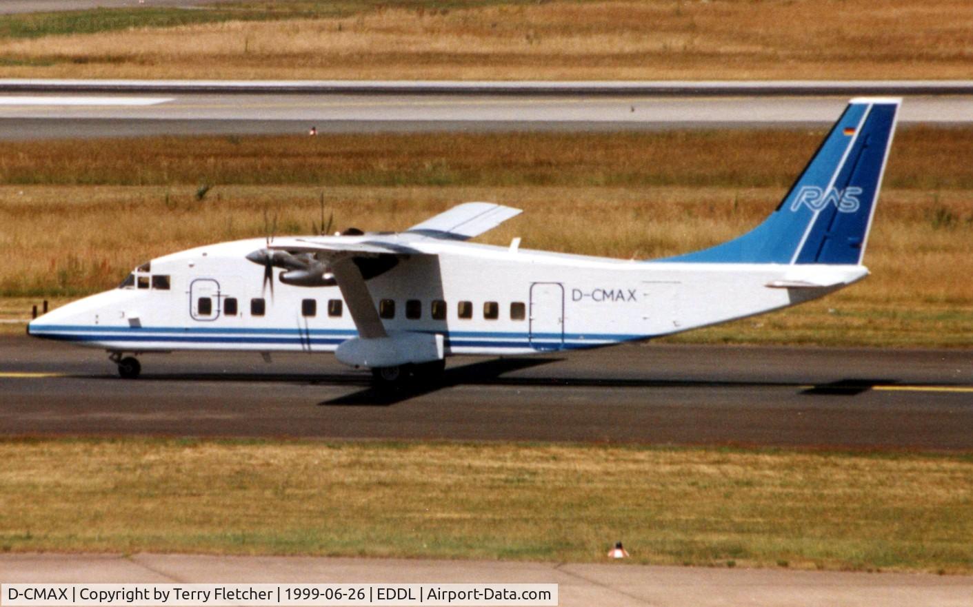 D-CMAX, 1968 Dassault Fan Jet Falcon (20C) C/N 158, RFG's Shorts 360 c/n 3732 taxies in at Dusseldorf , Germany  in 1999