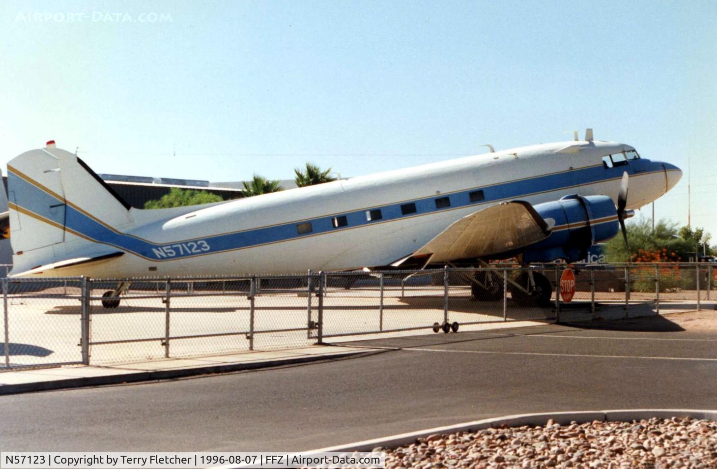 N57123, Douglas DC-3 C/N 16422/33170, This DC3 was originally delivered to the Army Air Corps as 44-76837 - seen outside the Museum at Mesa Falcon Field in 1996