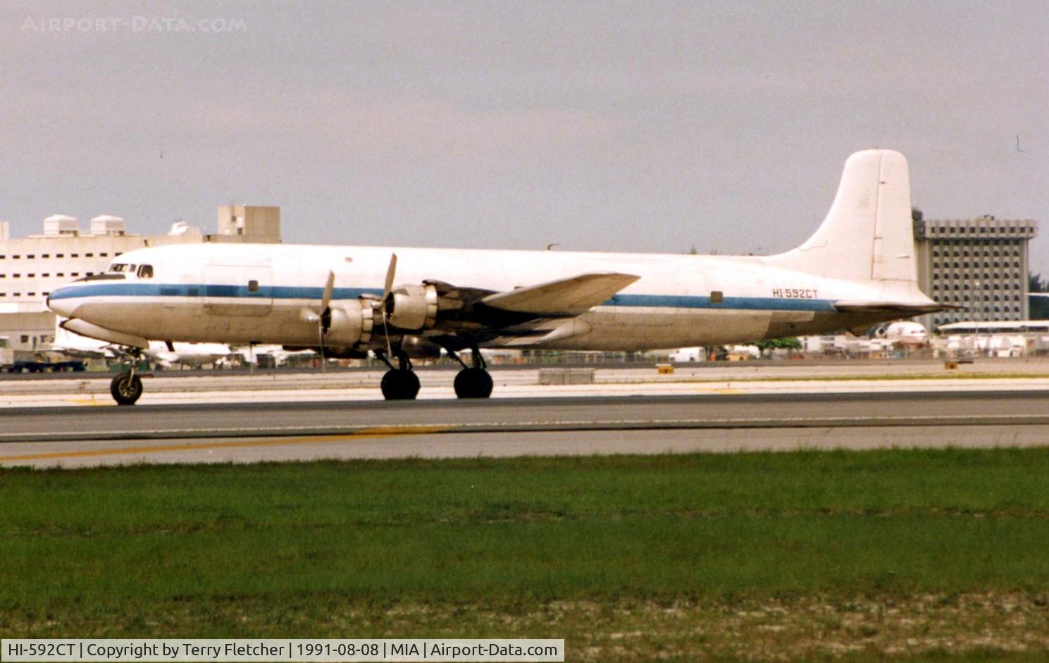 HI-592CT, Douglas DC-6B C/N 45110, This DC6-B used to regularly operate for Aerochargo and Aeromar into Florida , but now lies derelict in the Dominican Republic . Interestingly originally registered as N6815C it worked as an Airborne TV Station , before being sold to LAN Chile
