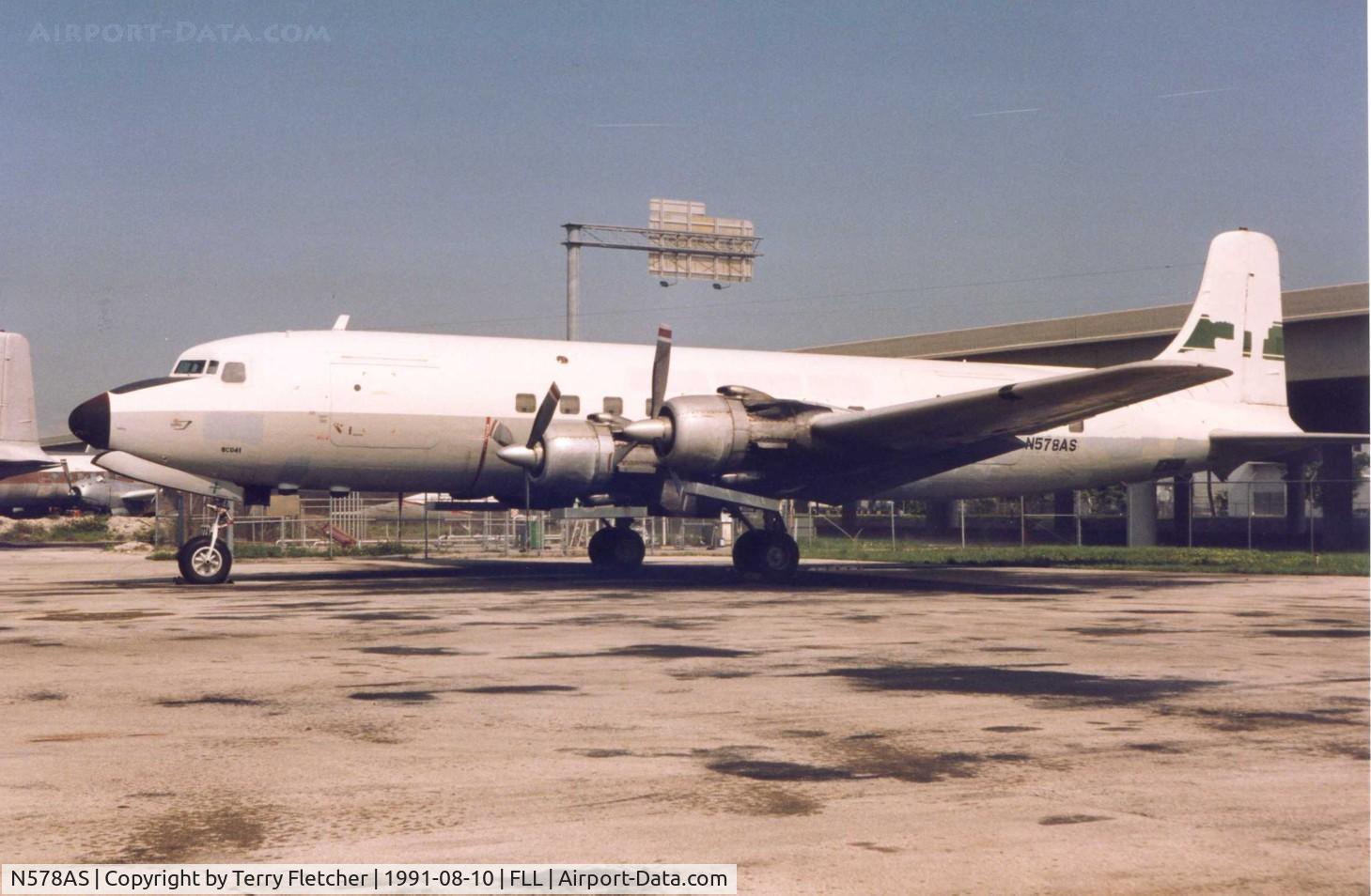 N578AS, 1952 Douglas C-118A Liftmaster (DC-6A) C/N 44650, This C-118A-DO  wore both USAF (53-3279) and US Navy (131578) serials before coming N578AS with Florida Leasing - seen here at Ft.Lauderdale Int in 1991