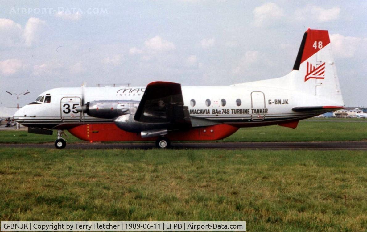 G-BNJK, 1981 Hawker Siddeley HS.748 Series 2A C/N 1594, Macavia displayed this converted HS748 at the Paris Air Show in 1989