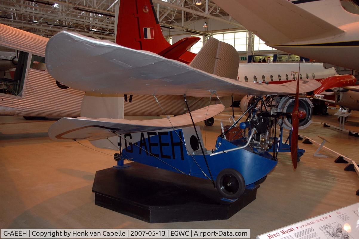 G-AEEH, 1936 Mignet HM.14 Pou-du-Ciel C/N EGD1, Pou-du-Ciel homebuilt from 1935, now in the Royal Air Force Museum in Cosford, UK.