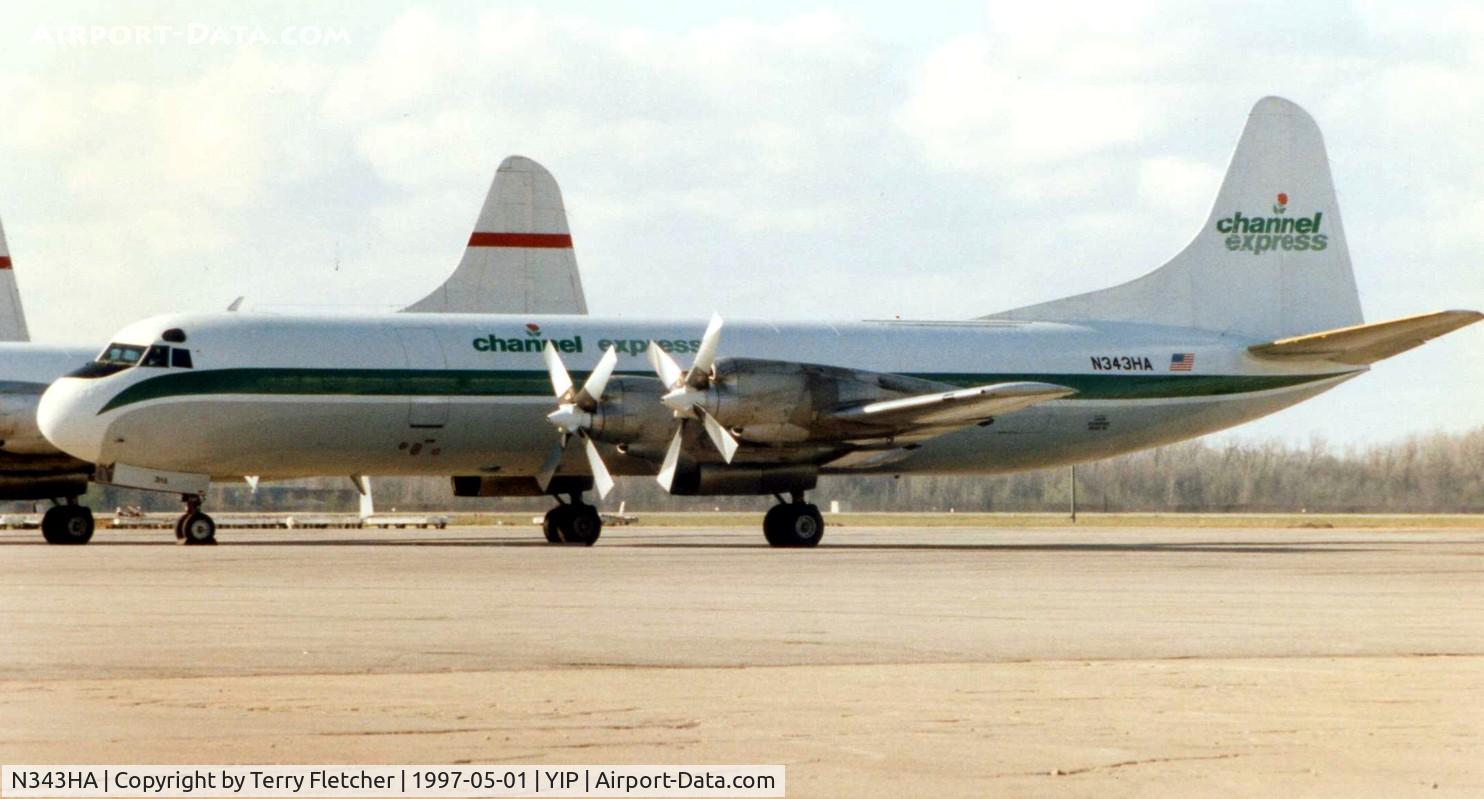 N343HA, 1959 Lockheed L-188A(F) Electra C/N 1053, Lockeed Electra in Channel Express colours at Detroit Willow Run in 1997