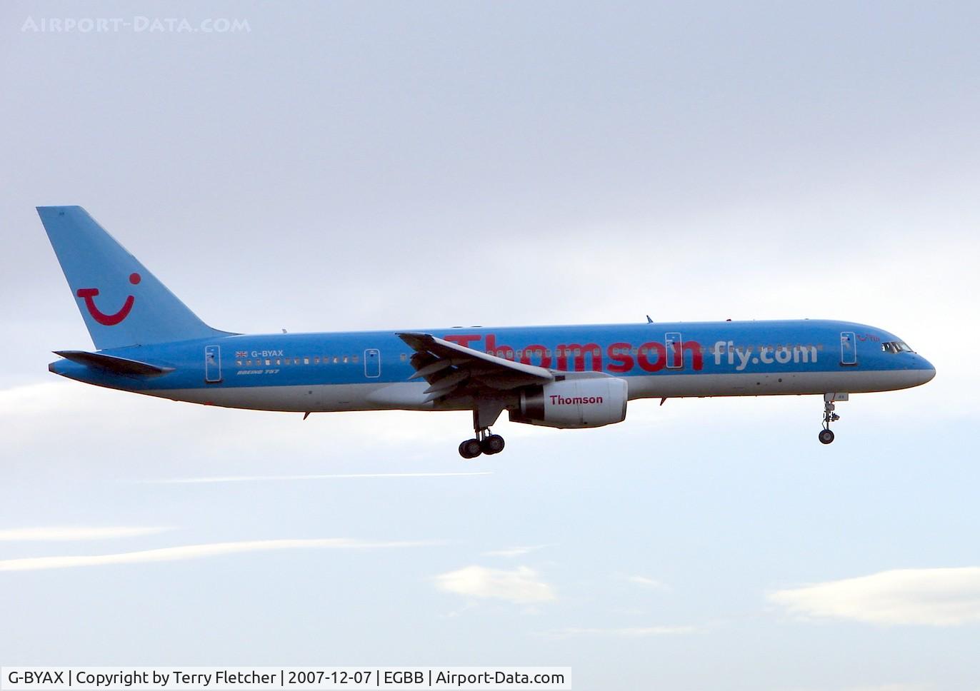 G-BYAX, 1999 Boeing 757-204 C/N 28834, TUI / Thomson B757 lands at Birmingham International on 7th Dec 2007