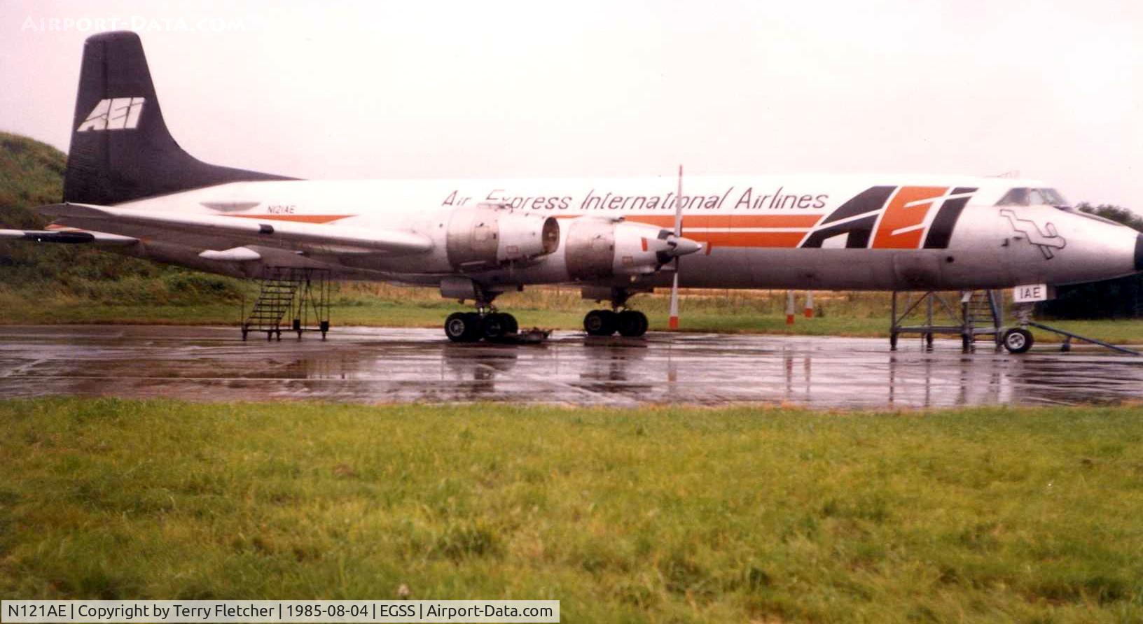 N121AE, Canadair CL-44D4 C/N 38, Air Express International Airlines classic CL-44 freighter is pictured at Stansted , England in 1985