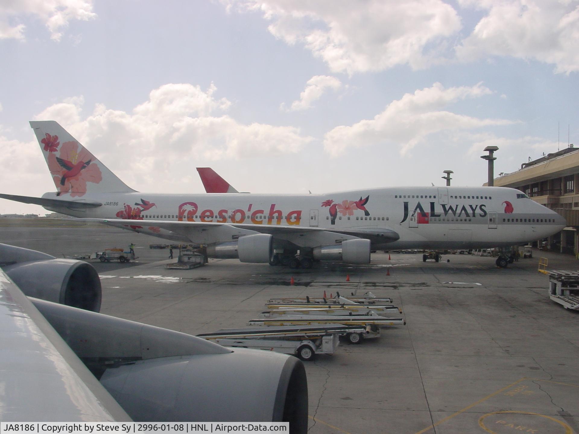 JA8186, Boeing 747-346 C/N 24018, This airplane has since been painted the plain white JAL colors with red tail