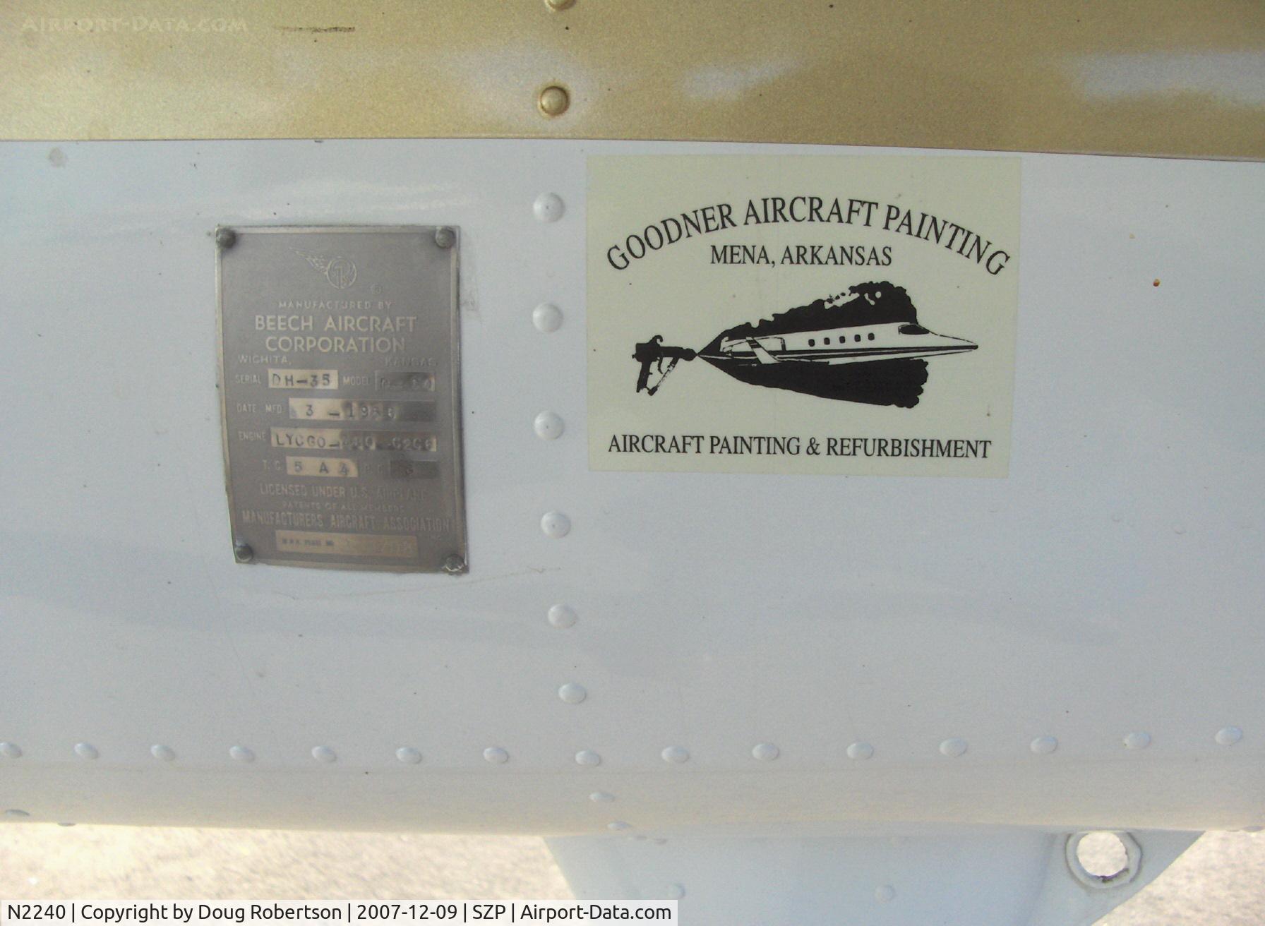 N2240, 1956 Beech D50 Twin Bonanza C/N DH-35, 1956 Beech D-50 TWIN BONANAZA 'T-BONE', two Lycoming GO-480-G2G6 295 Hp each, data plate