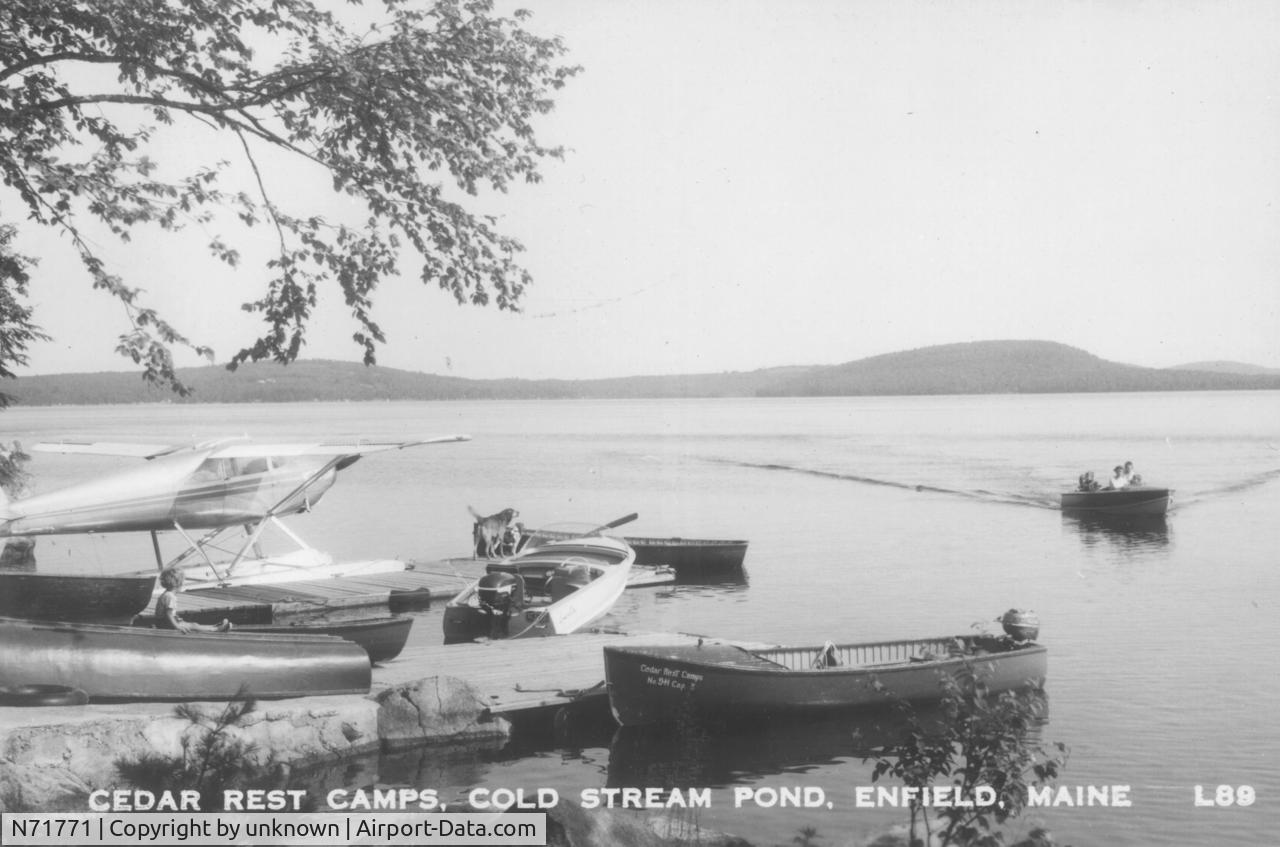 N71771, 1946 Luscombe 8A C/N 3198, N71771, our aircraft, in front of our fishing cabins on Cold Stream Pond, ME