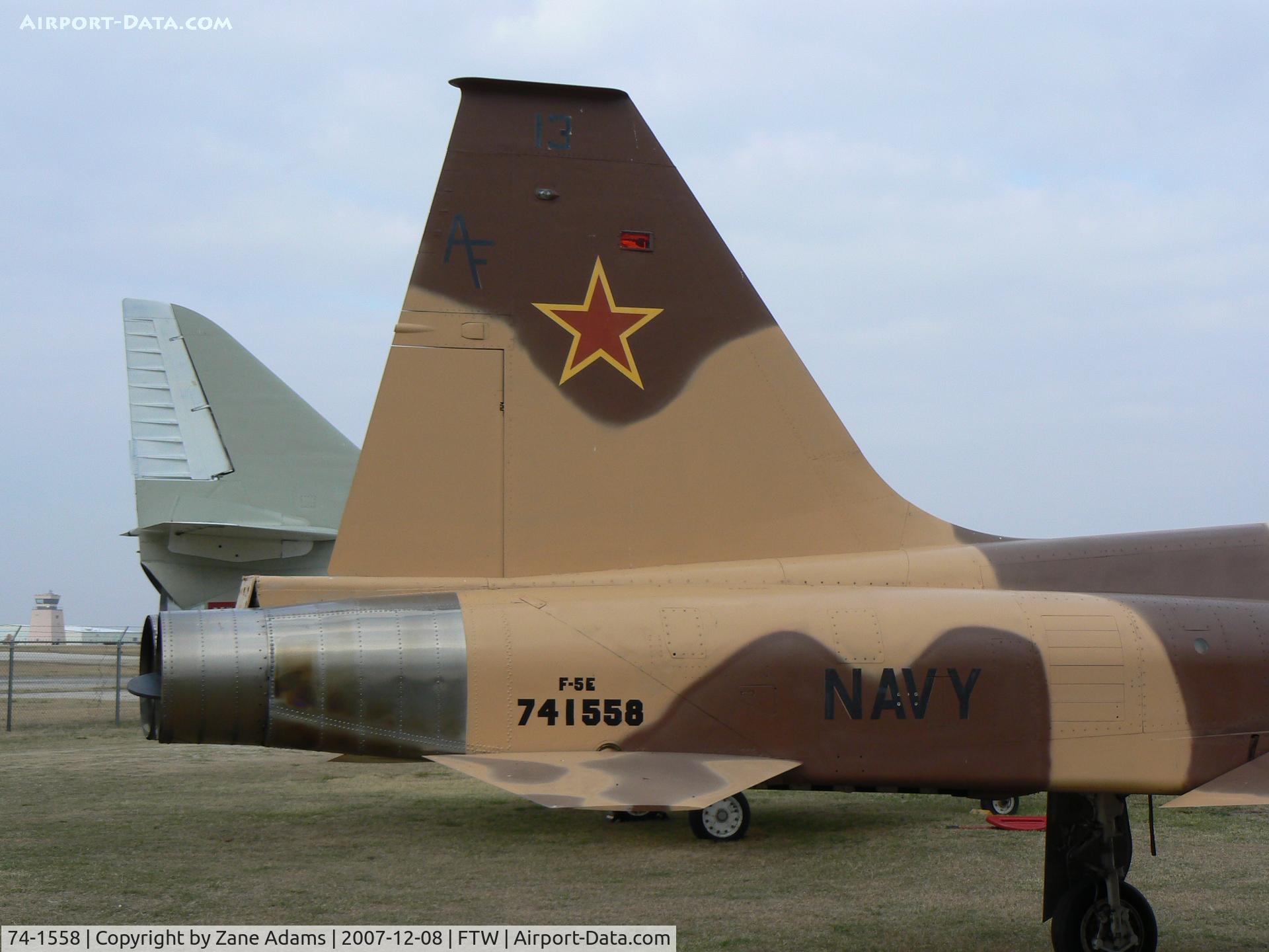 74-1558, 1974 Northrop F-5E Tiger II C/N R.1218, On Display at OV-10 Bronco / Vintange Flying Museum, Ft. Worth, TX - This aircraft has wings from a high time Swiss F-5 (the US wings were sent to the Swiss to keep their airplanes flying. Painted as USN Agressor as last operational.