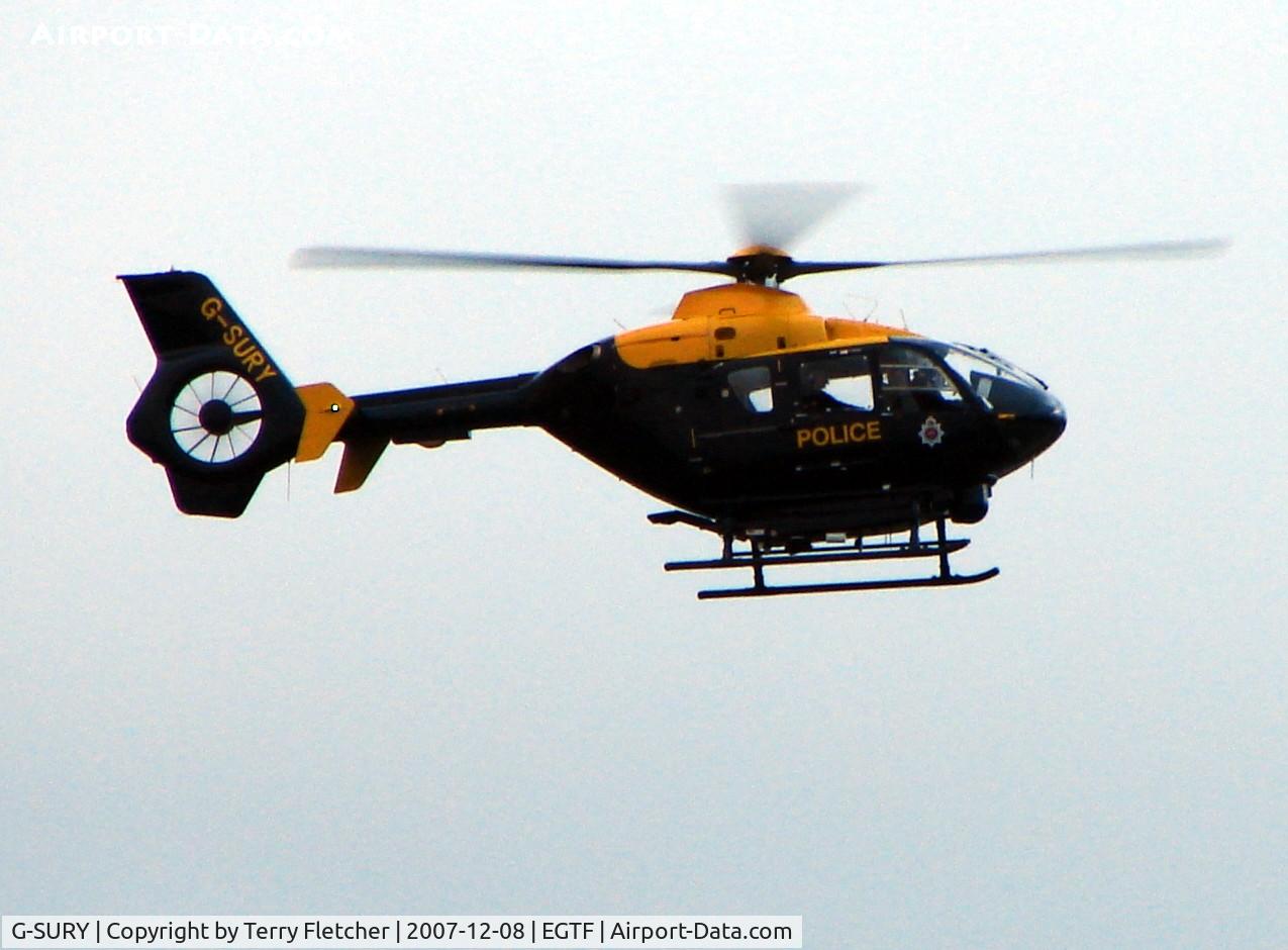 G-SURY, 2003 Eurocopter EC-135T-2 C/N 0283, Surrey Police Helicopter prepares to land at Fairoaks