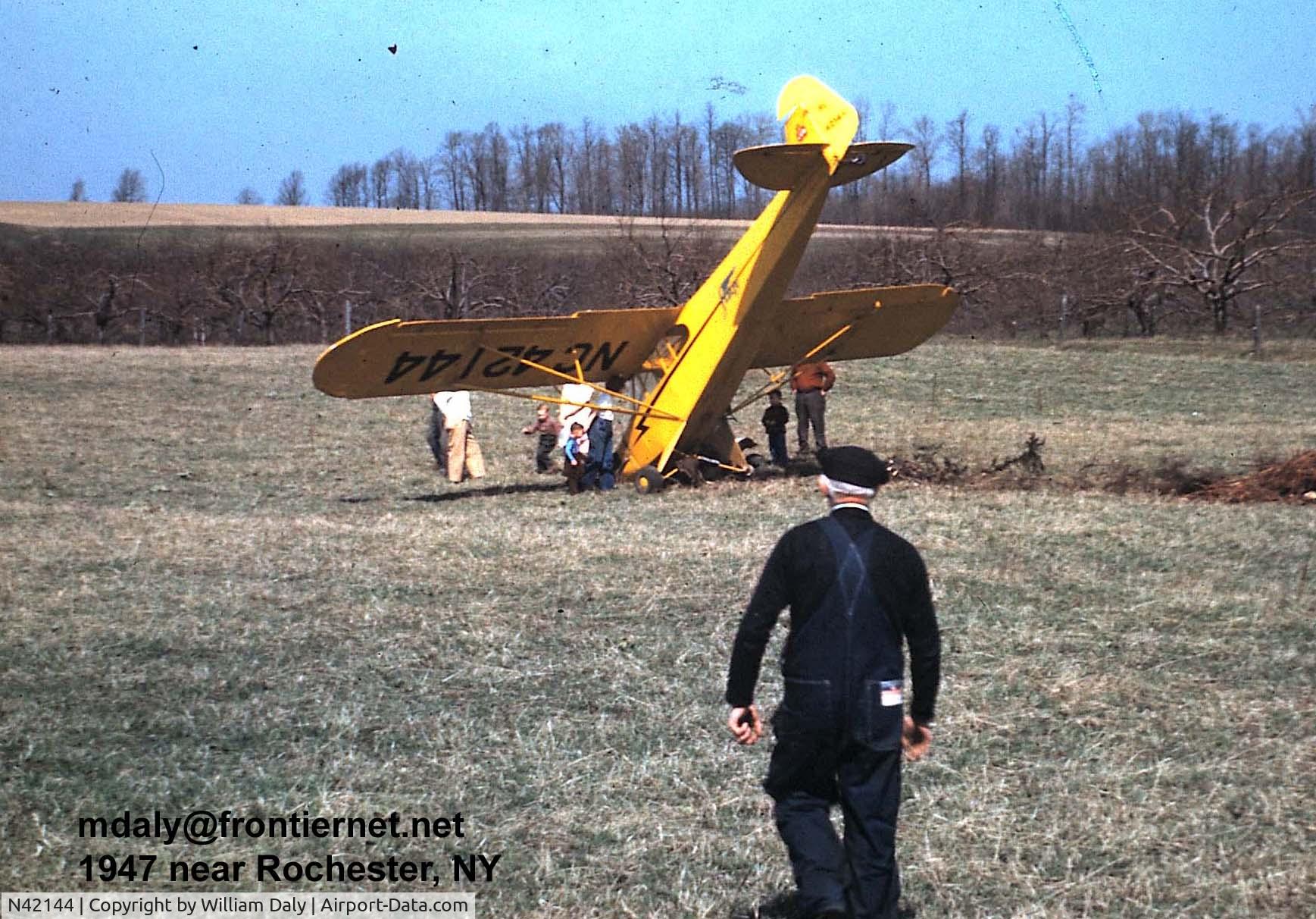 N42144, 1947 Piper J3C-65 Cub Cub C/N 14373, On our farm near Rochester, NY  1947 (I think)