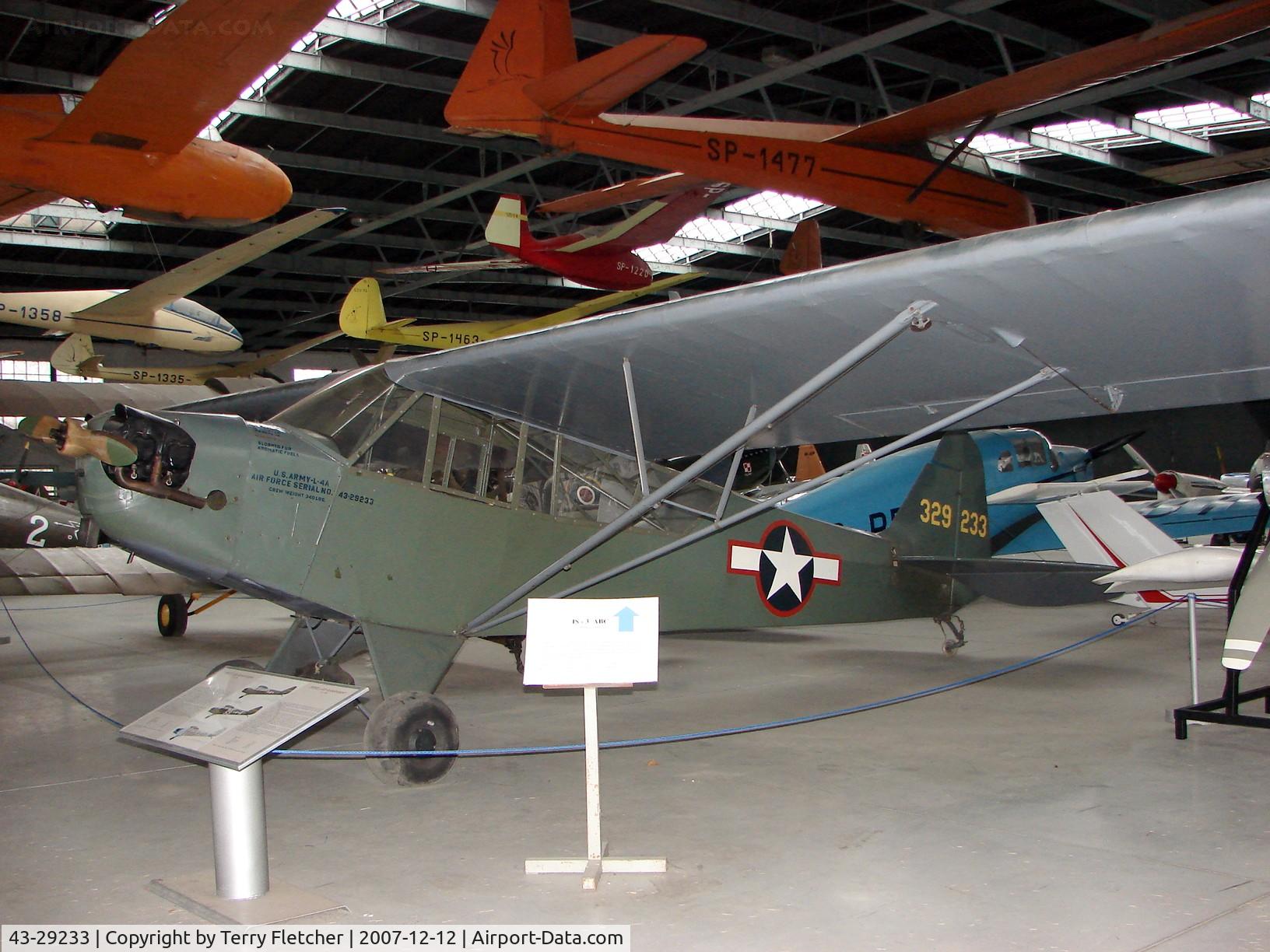 43-29233, 1943 Piper L-4H Grasshopper (J3C-65D) C/N 10524, Piper Cub , preserved at the Poland Aviation Museum in Krakow , formerly wore the Civil marks of SP-AFP