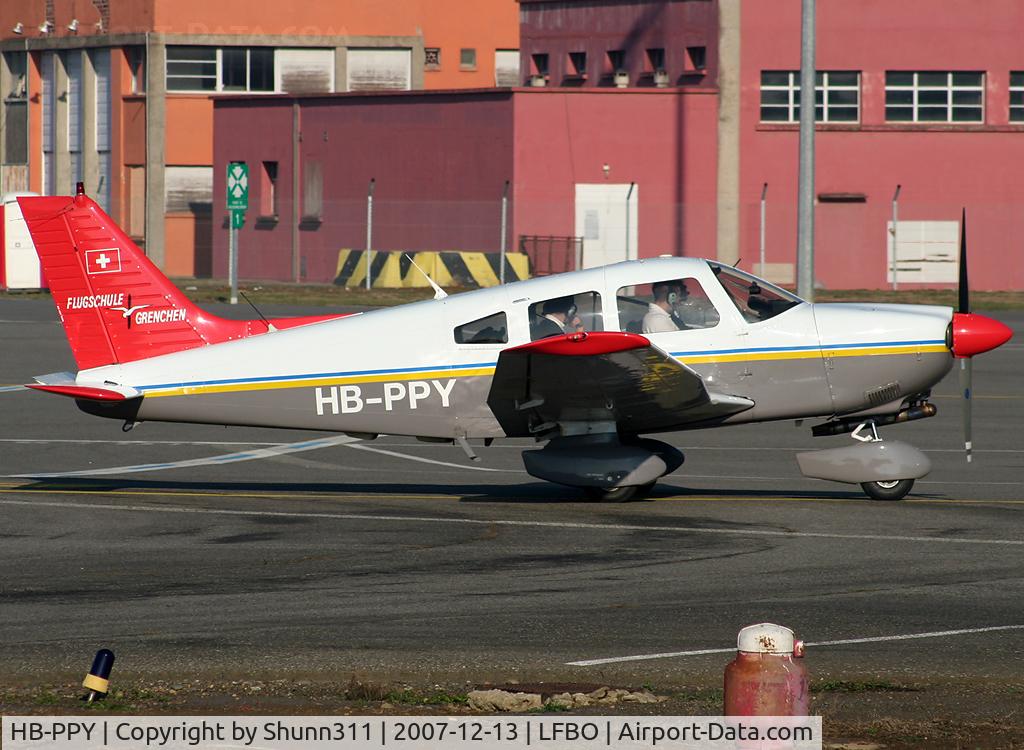 HB-PPY, 1993 Piper PA-28-181 Archer II C/N 2890194, Arriving from a light flight and parked at the general aviation apron