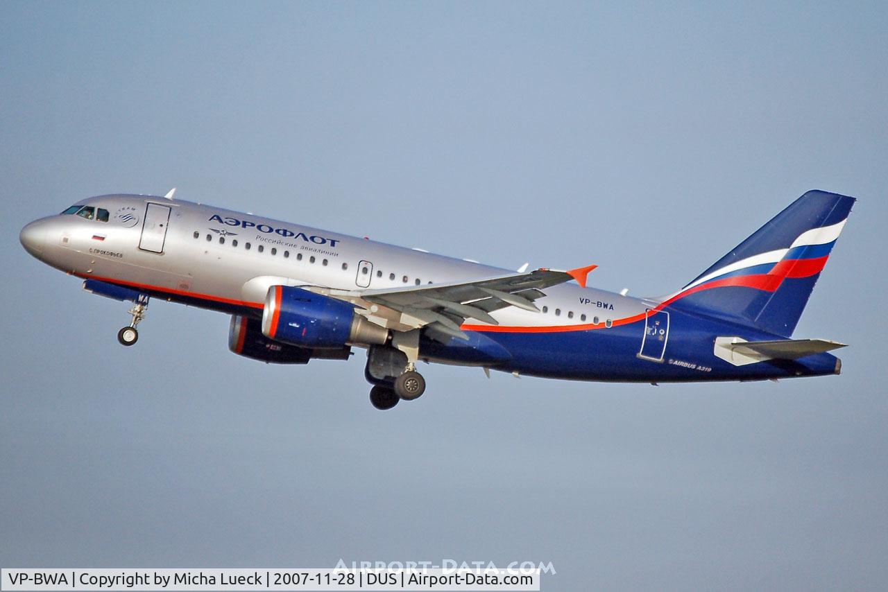 VP-BWA, 2003 Airbus A319-111 C/N 2052, Climbing out of Duesseldorf