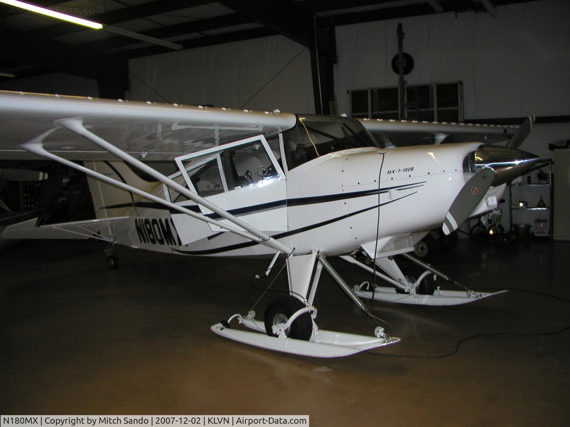 N180MX, 2007 Maule MX-7-180B Star Rocket C/N 22025C, Parked in the hangar with new skis.