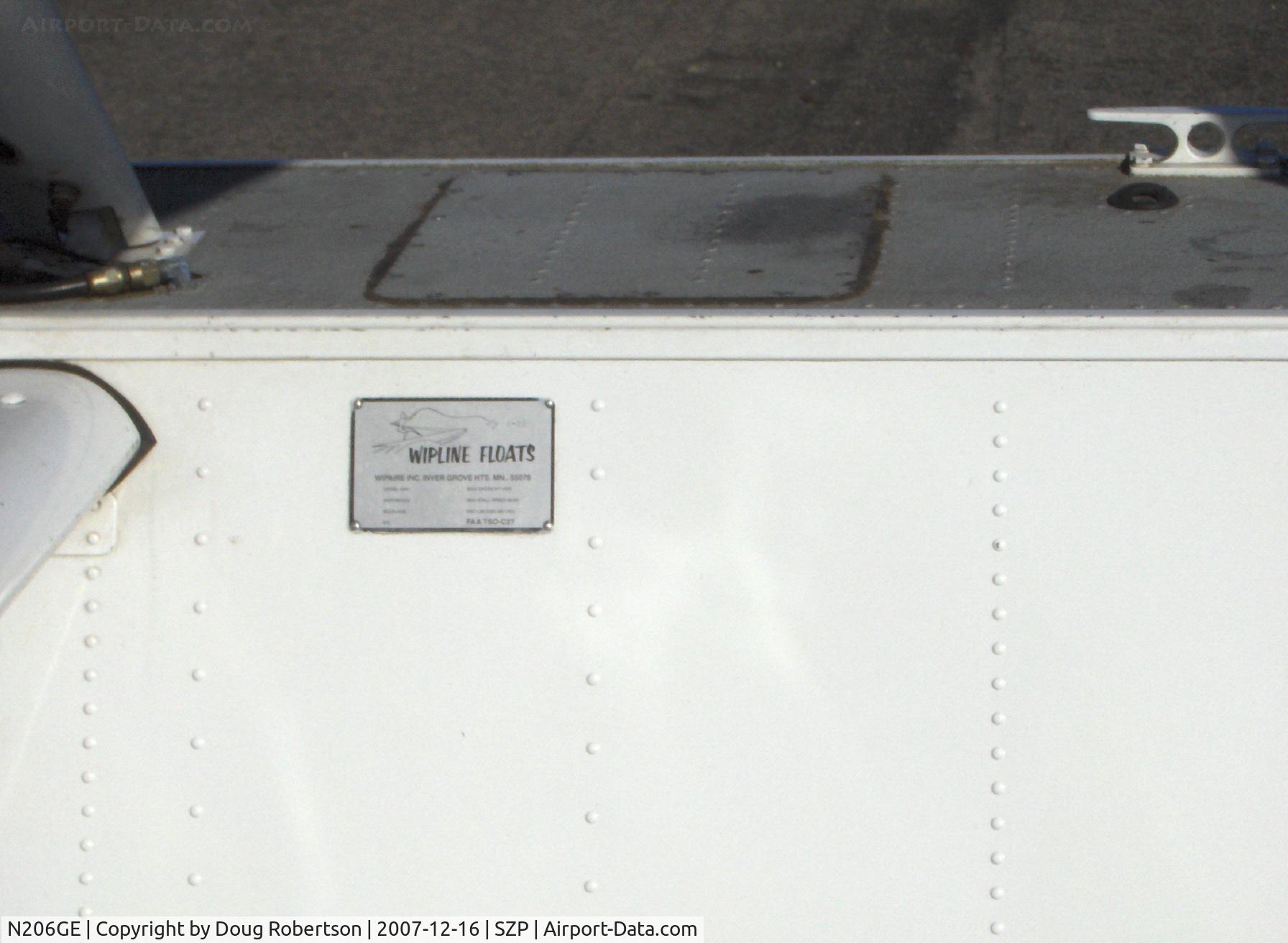 N206GE, 1994 Cessna U206G Stationair C/N U20606908, 1994 Cessna TU206G TURBO STATIONAIR Amphibian, Rolls Royce (USA) Allison 250-B17 420 shp turboprop conversion, Wipline amphibious floats, Wipaire's Wipline Float data plate