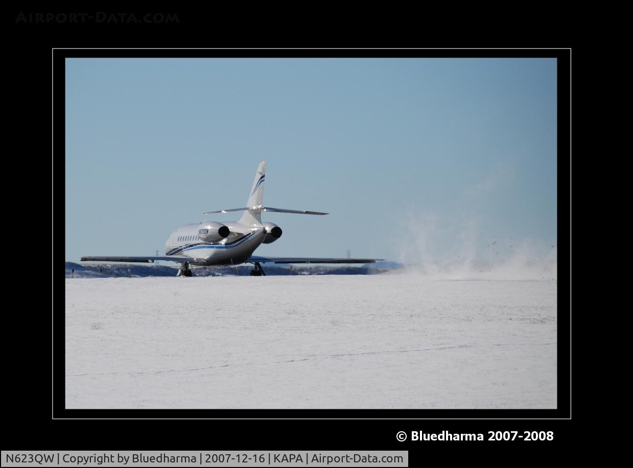 N623QW, 1996 Dassault Falcon 2000 C/N 44, Snow flys everywhere when engines throttle up.