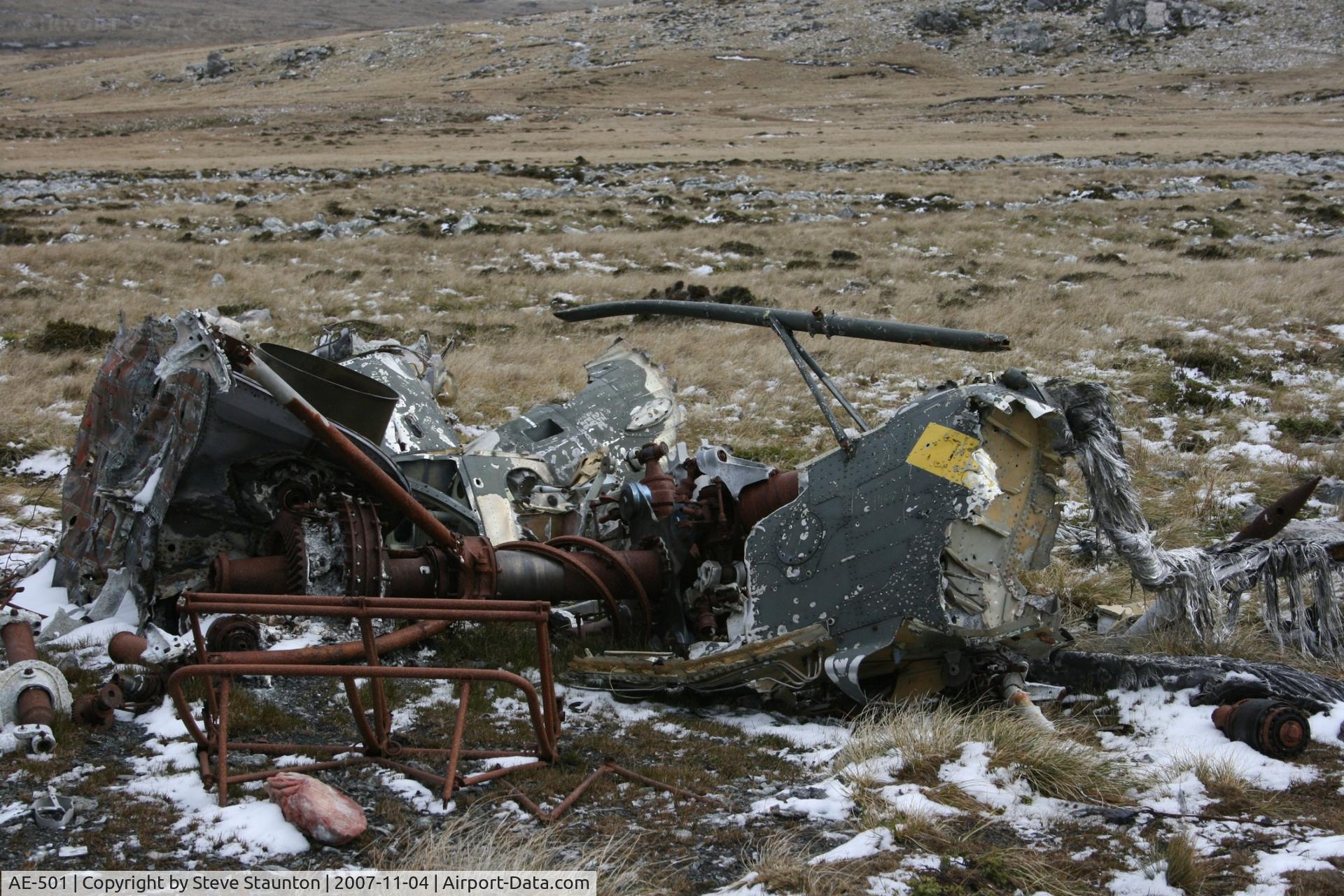 AE-501, Aérospatiale SA-330L Puma C/N 1540, Wrecked Westland Puma of the Argentine AF located at the foot of Mount Kent, Falkland Island. This aircraft was destroyed during the 1982 Falklands Conflict.