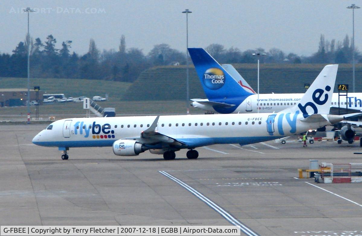 G-FBEE, 2007 Embraer 195LR (ERJ-190-200LR) C/N 19000093, FLYBE Emb190 taxies off stand at Birmingham