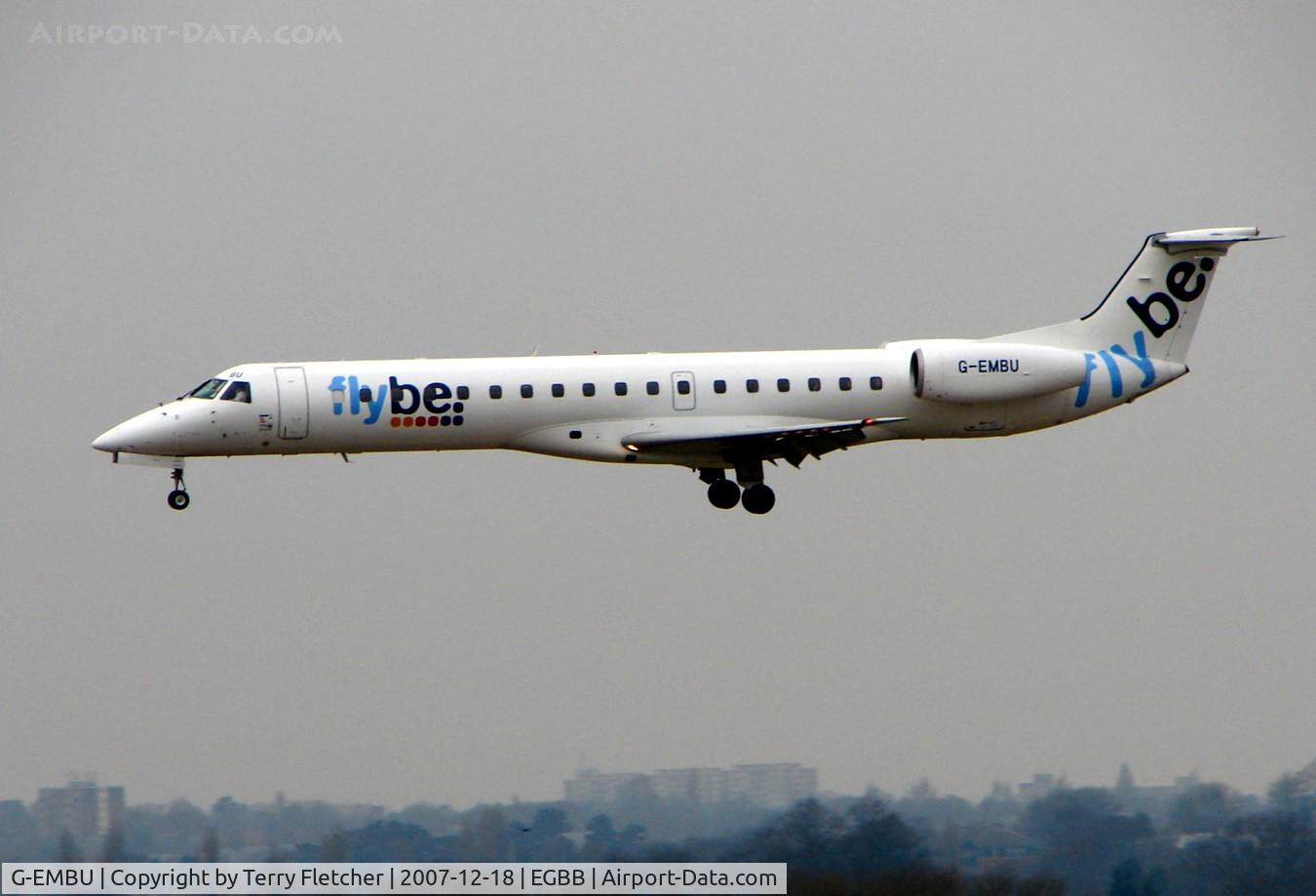 G-EMBU, 2001 Embraer EMB-145EU (ERJ-145EU) C/N 145458, FLYBE Emb145 prepares to land on a wintery morning at Birmingham International (UK)