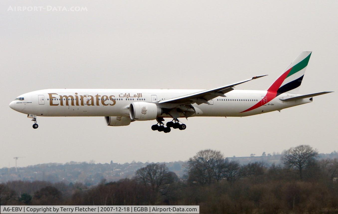 A6-EBV, 2006 Boeing 777-31H/ER C/N 32728, This huge Emirates B777-300 arrives at Birmingham International