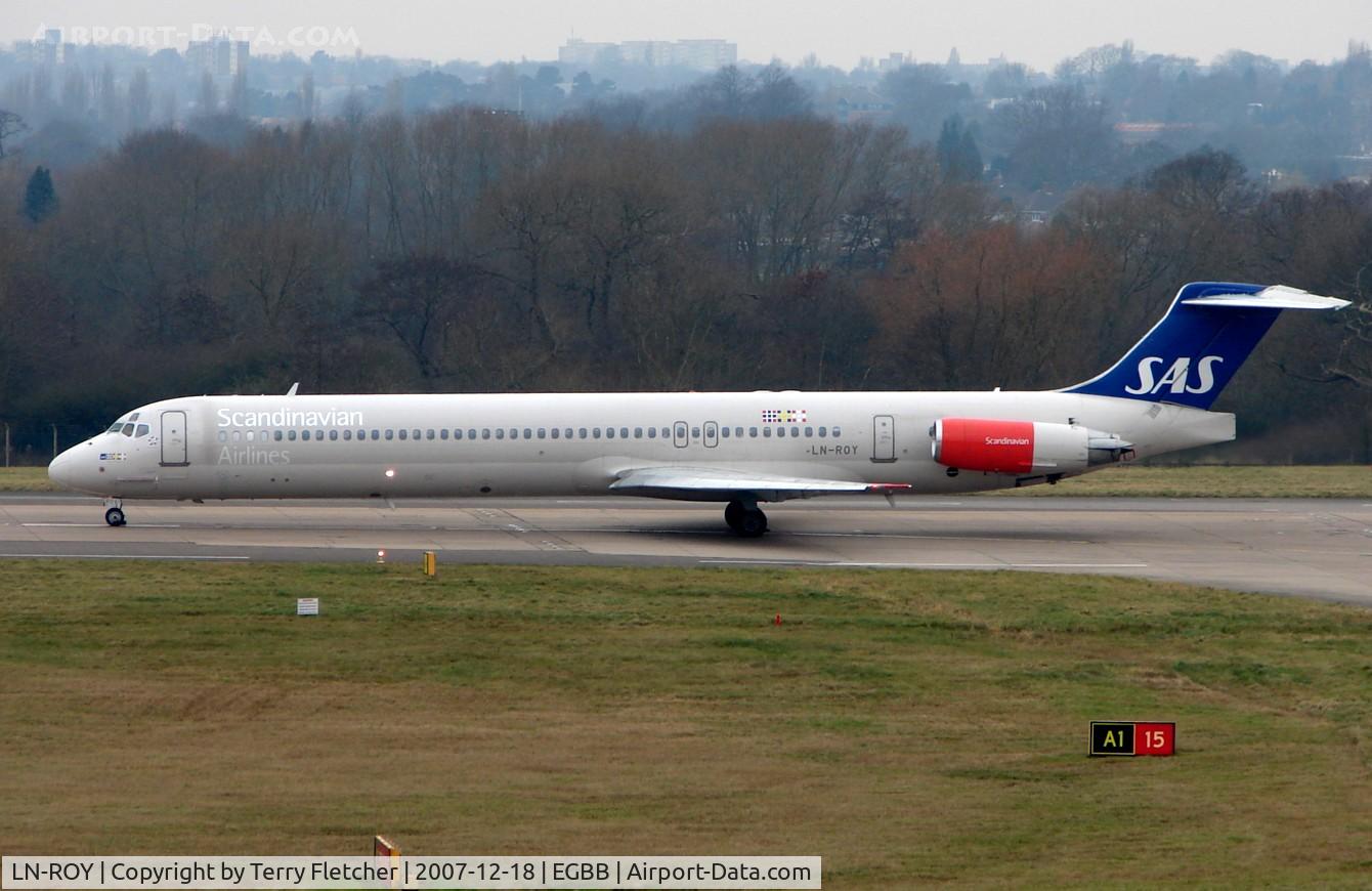 LN-ROY, 1988 McDonnell Douglas MD-82 (DC-9-82) C/N 49615, SAS MD-82 awaits clearance from BHX Tower