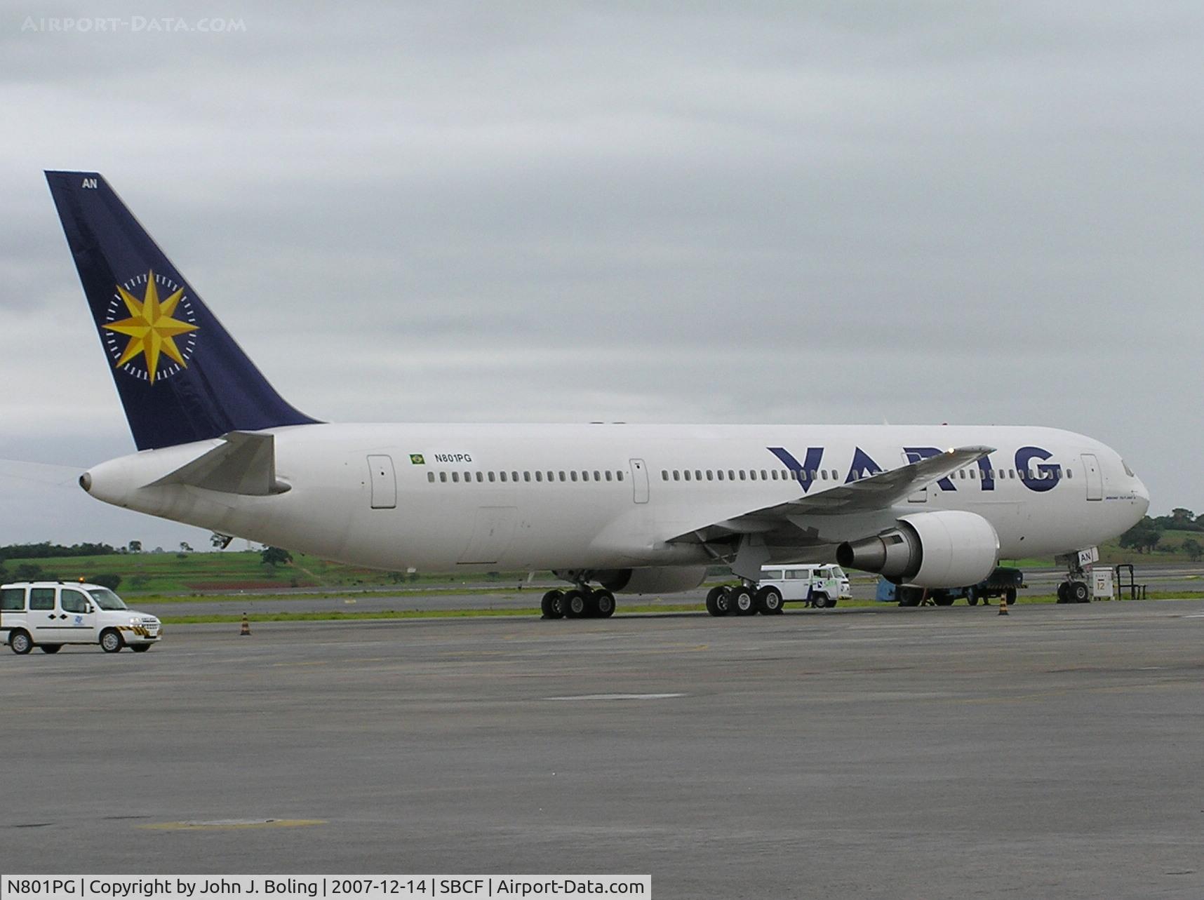 N801PG, 1996 Boeing 767-328/ER C/N 27427, On the ramp at Belo Horizonte, Brazil (SBCF/CNF) after ferry from KGSO by John Boling.