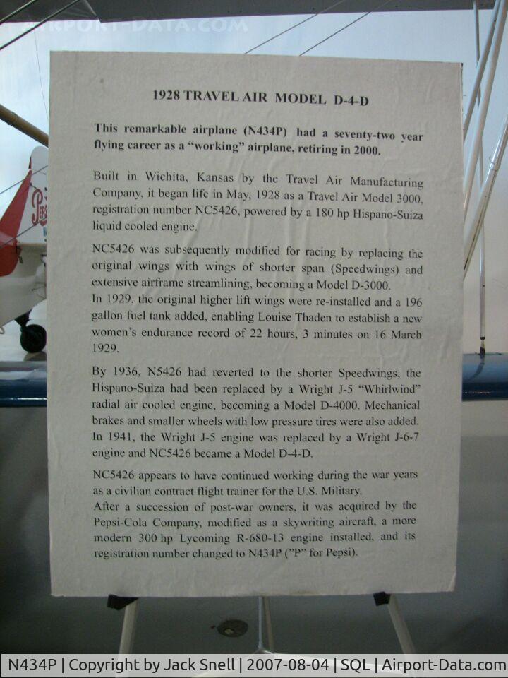 N434P, 1928 Travel Air D-4-D C/N 515, Taken at the Hiller Aviation Museum
