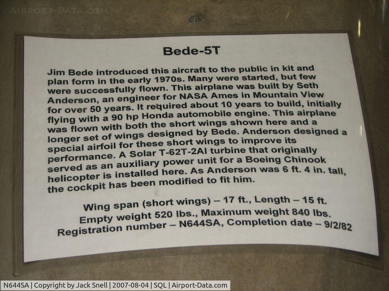 N644SA, Bede BD-5B C/N 1 (N644SA), Taken at the Hiller Aviation Museum