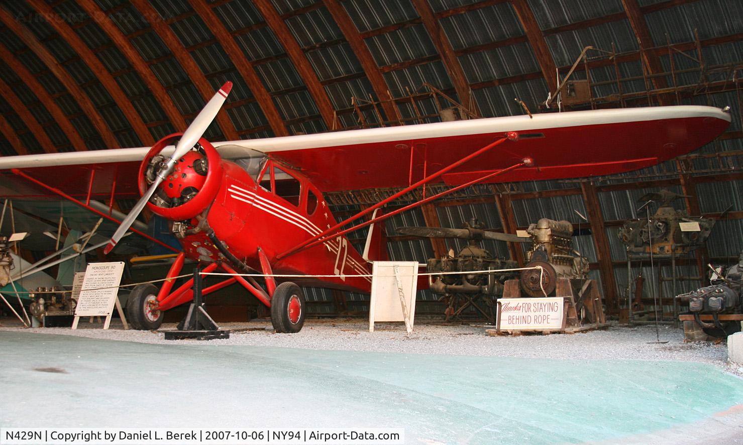 N429N, 1932 Monocoupe 90 C/N 618, This 1932 Monocoupe flew at the Aerdrome for a few years in the 1970s before retiring and joining the collection.