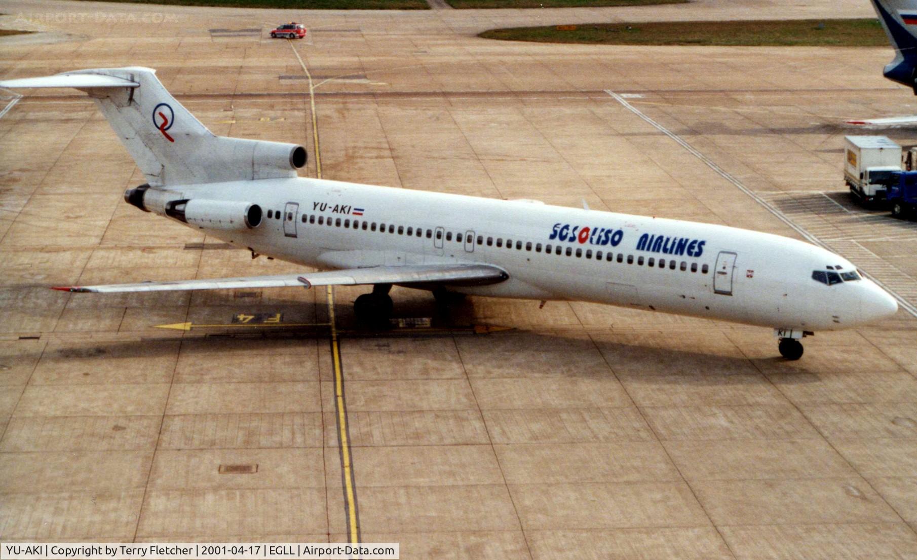 YU-AKI, 1980 Boeing 727-2H9 C/N 22393, JAT Boeing 727-2Hp c/n 22393 was recentlly back from lease to Sosolisco Airlines when photographed at London Heathrow in 2001