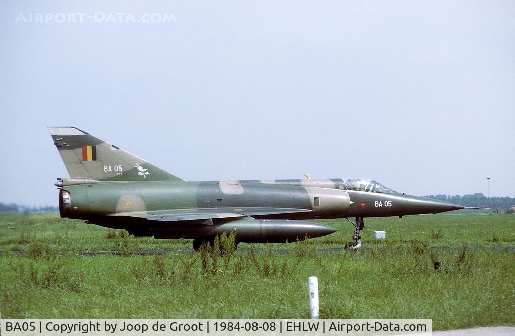 BA05, SABCA Mirage 5BA C/N 05, 1 squadron Mirage 5 on the northern taxiway at Leeuwarden.