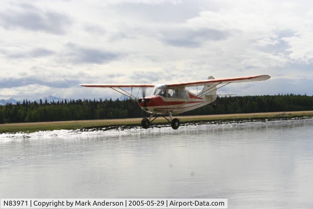 N83971, 1946 Aeronca 7BCM C/N 7AC-2657, 85 hp Champ flying up the Little Susitna River in Alaska