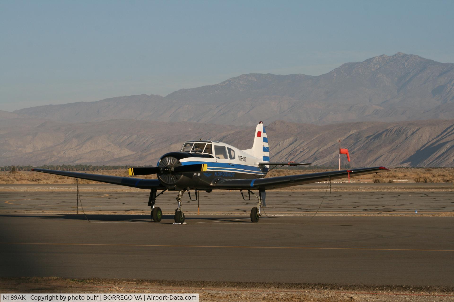 N189AK, 1993 Yakovlev Yak-18T C/N 10-33, As seen while passing by the air port in Borrego springs ca. it looked like a north American navion, so I had to stop and check it out.