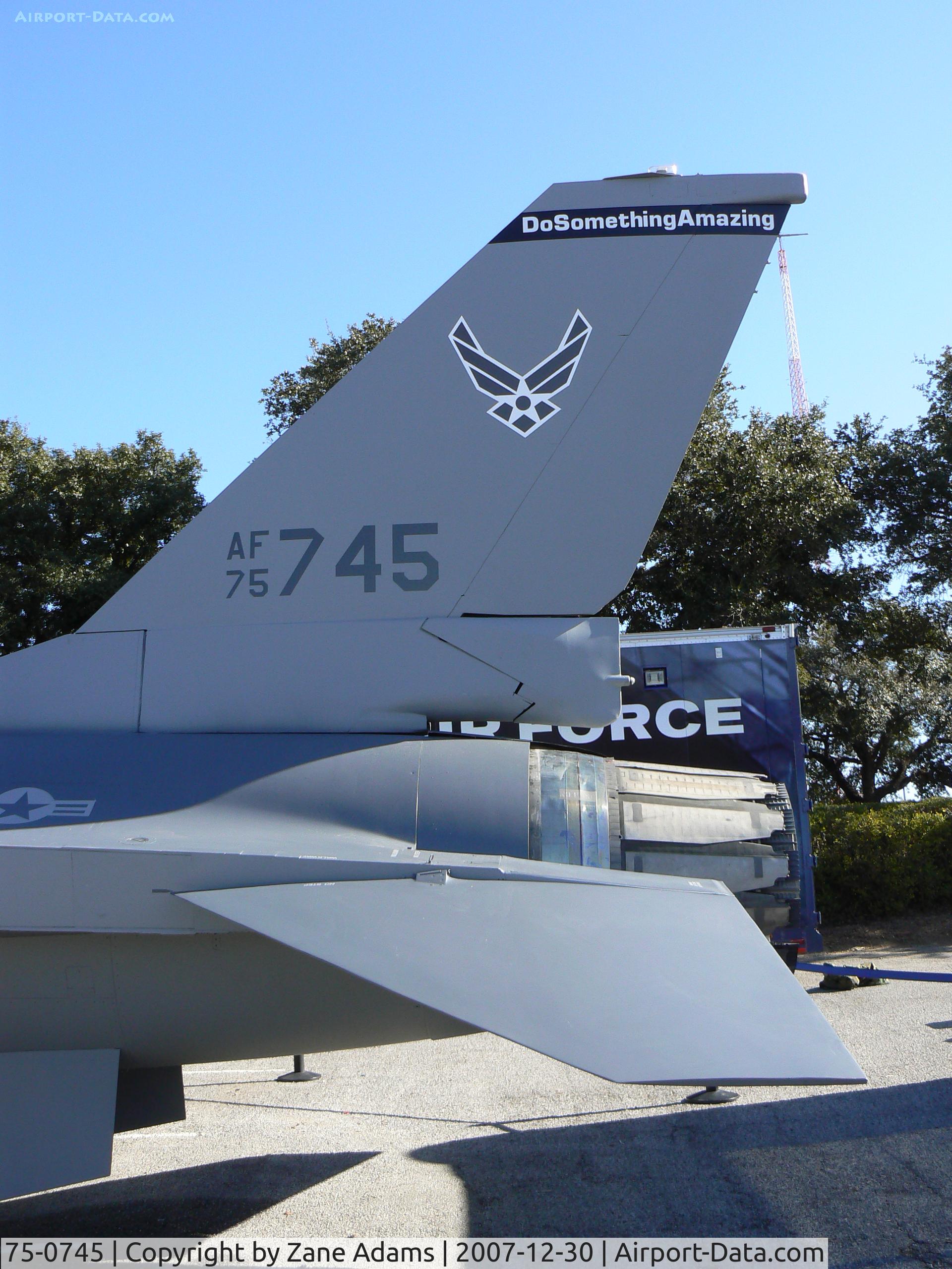 75-0745, 1977 General Dynamics YF-16A Fighting Falcon C/N 61-1, First Production F-16 - Now used as a traveling exhibit for USAF Recuriting - At TCU - Ft. Worth, TX