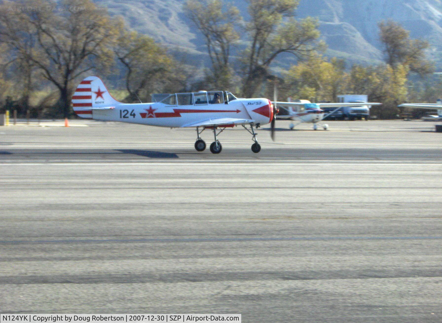 N124YK, 1984 Yakovlev Yak-52 C/N 844804, 1984 Intreprinderea de Avioane-Bacau, Romania (Yakovlev) Yak 52, Vedeneev MP-14P 9 cylinder radial 360 Hp, takeoff roll Rwy 22