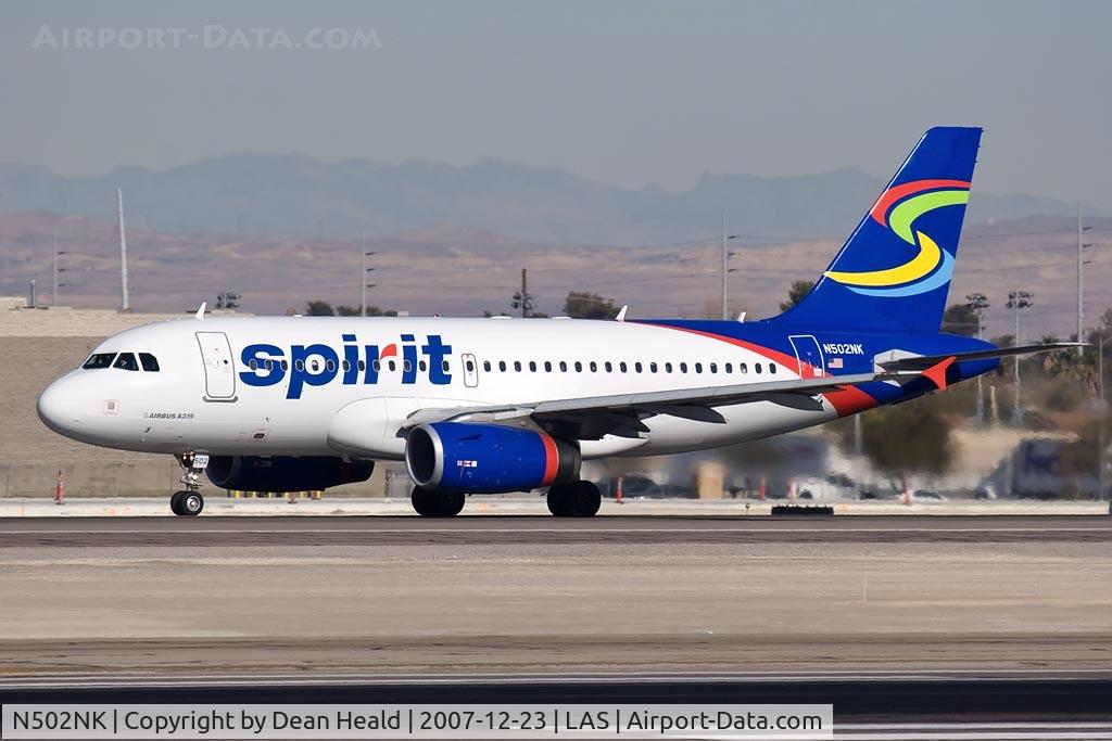 N502NK, 2005 Airbus A319-132 C/N 2433, Spirit Air N502NK (FLT NKS901) in new colors, starting takeoff roll on RWY 25R for departure to Detroit Metro Wayne County (KDTW).
