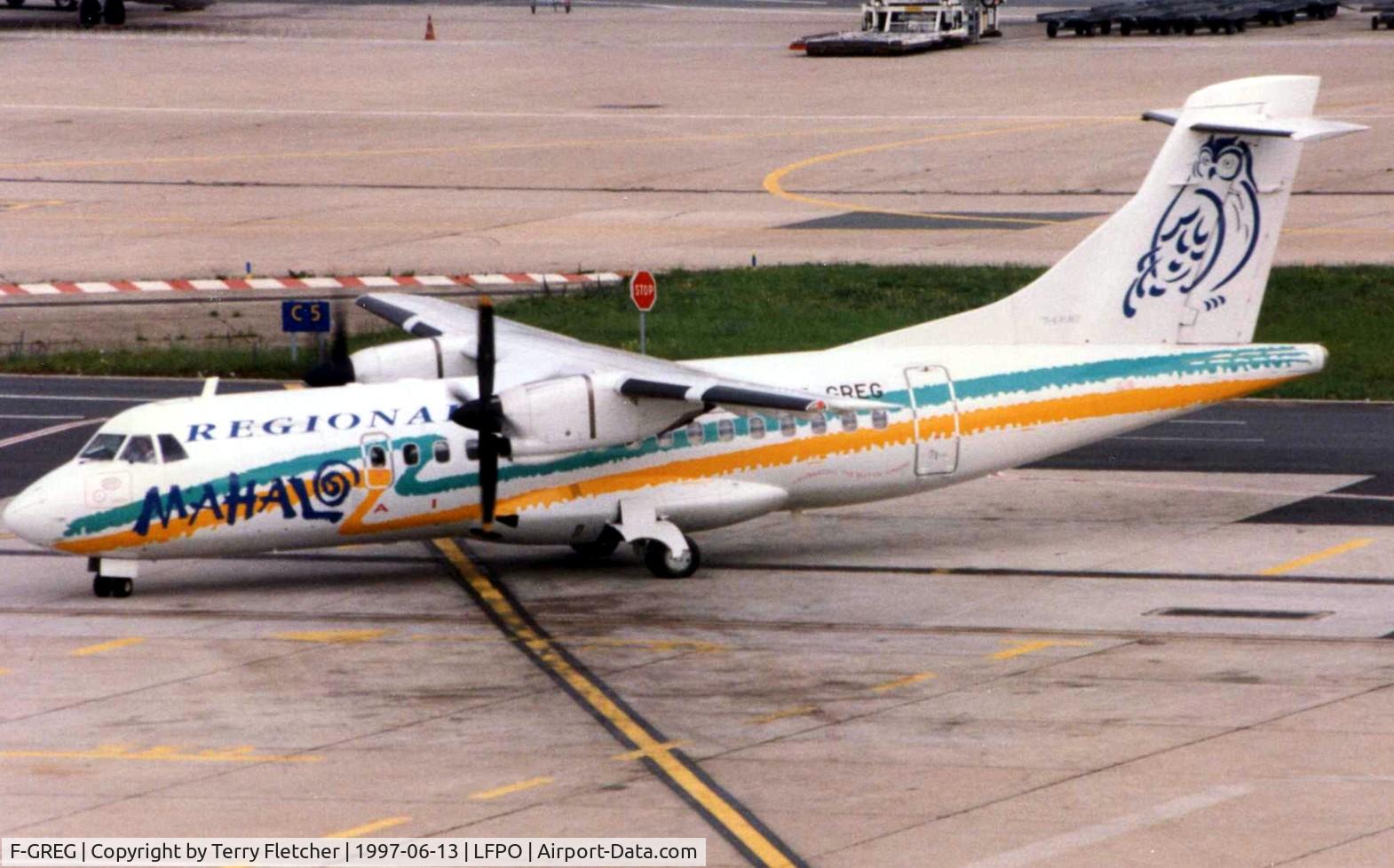 F-GREG, 1993 ATR 42-320 C/N 358, Seen operating at Paris Orly in 1997 - the aircraft still wears the colourful livery of previous operater Mahalo Air