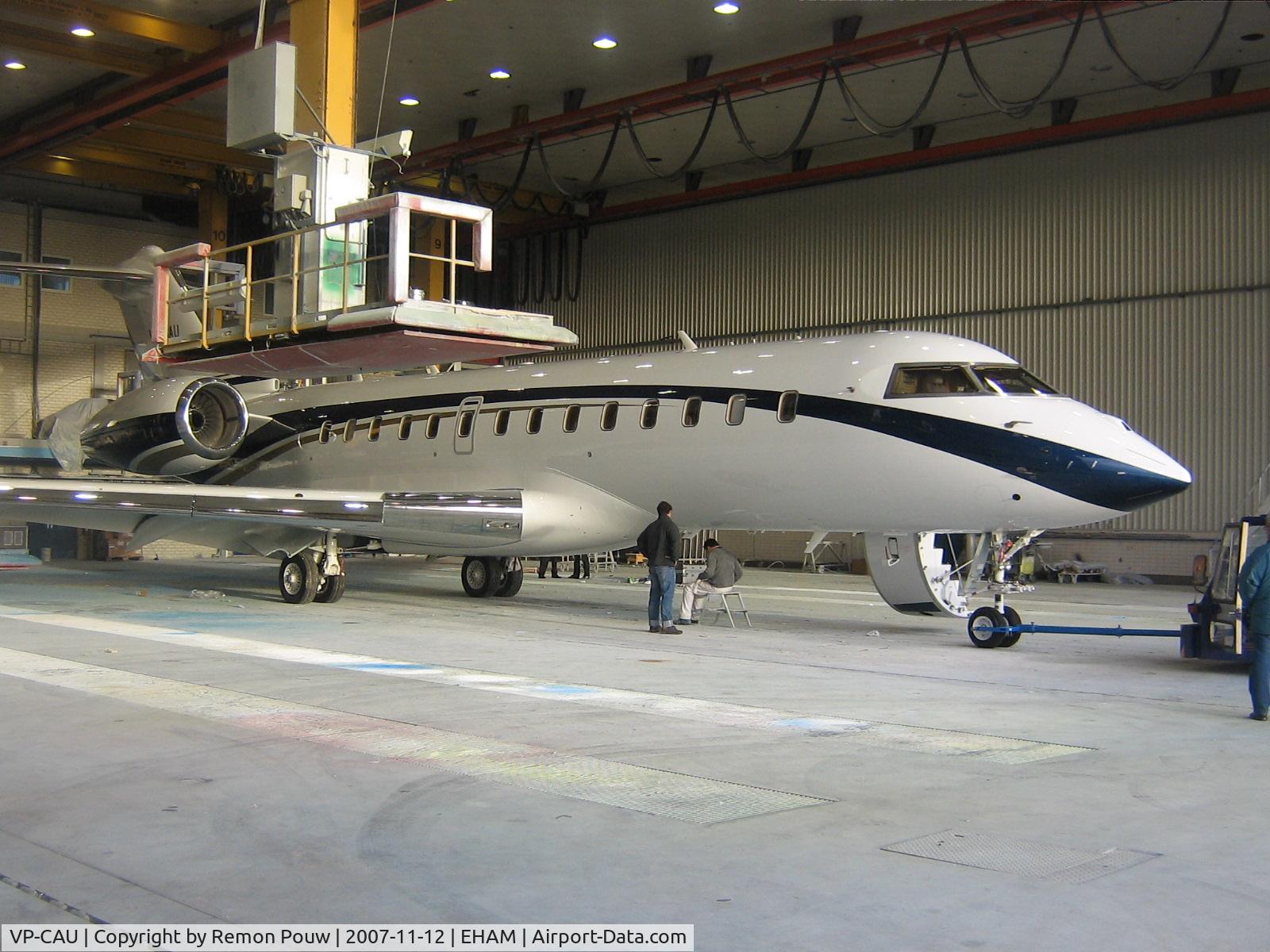 VP-CAU, 2007 Bombardier BD-700-1A10 Global Express C/N 9231, VP-CAU is ready to be towed out of the hangar.