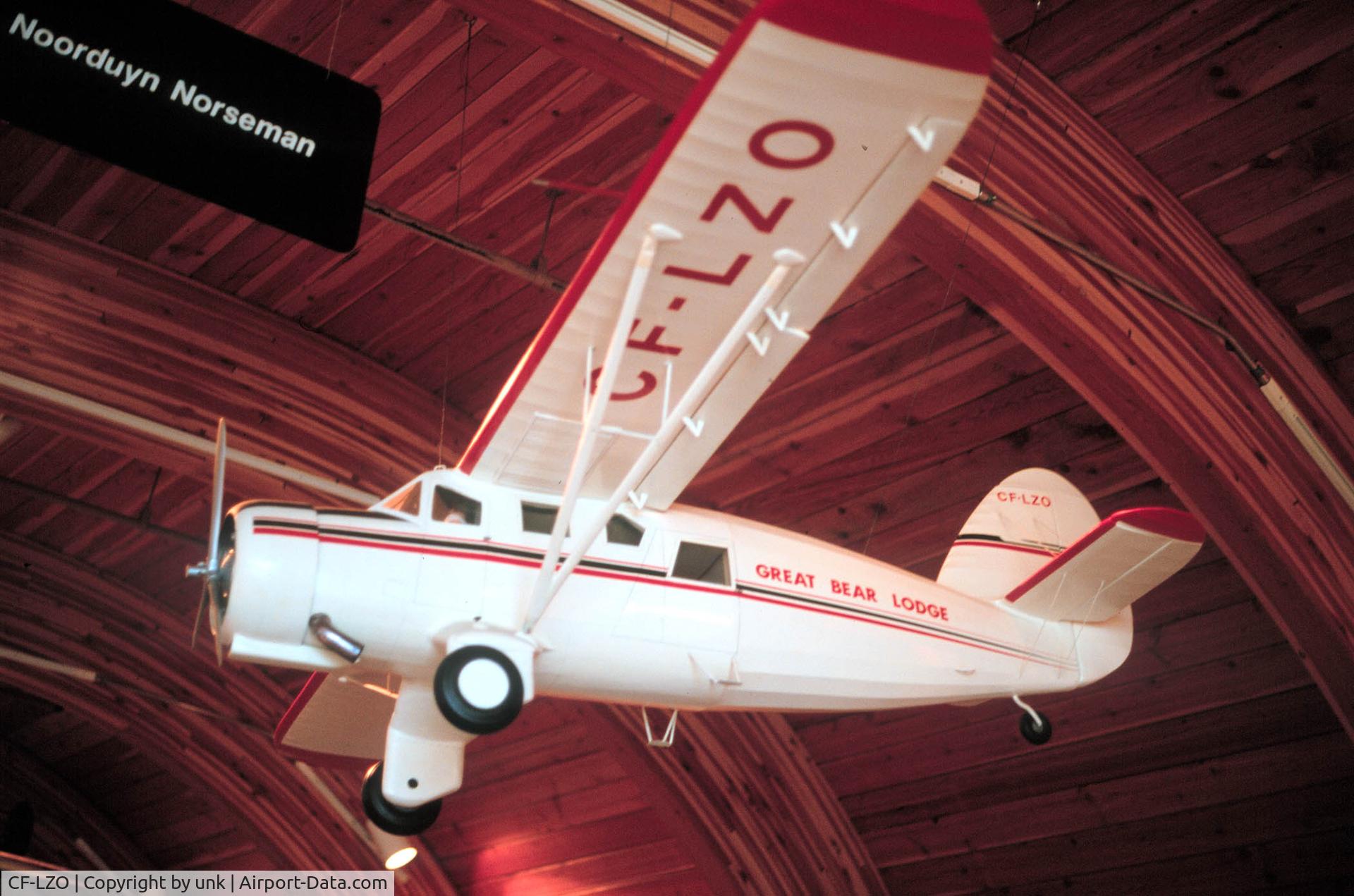 CF-LZO, 1944 Noorduyn UC-64A Norseman C/N 535, Model of aircraft hangs in the Prince of Wales Northern Heritage Centre, Yellowknife, NWT, Canada