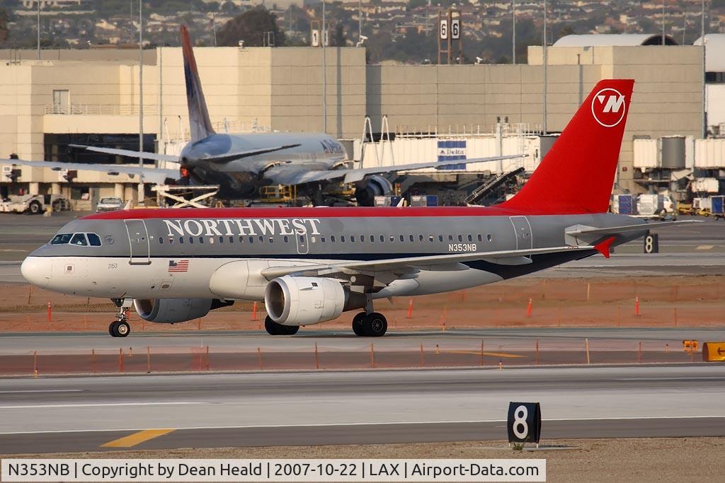 N353NB, 2002 Airbus A319-114 C/N 1828, Northwest Airlines N353NB (FLT NWA315) from Minneapolis/St Paul Int'l (KMSP) on high-speed taxiway after landing on RWY 25L.