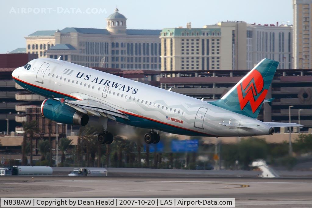 N838AW, 2005 Airbus A319-132 C/N 2615, US Airways N838AW (America West Hybrid) climbing out from RWY 25R as FLT USA774 enroute to Tampa Int'l (KTPA).